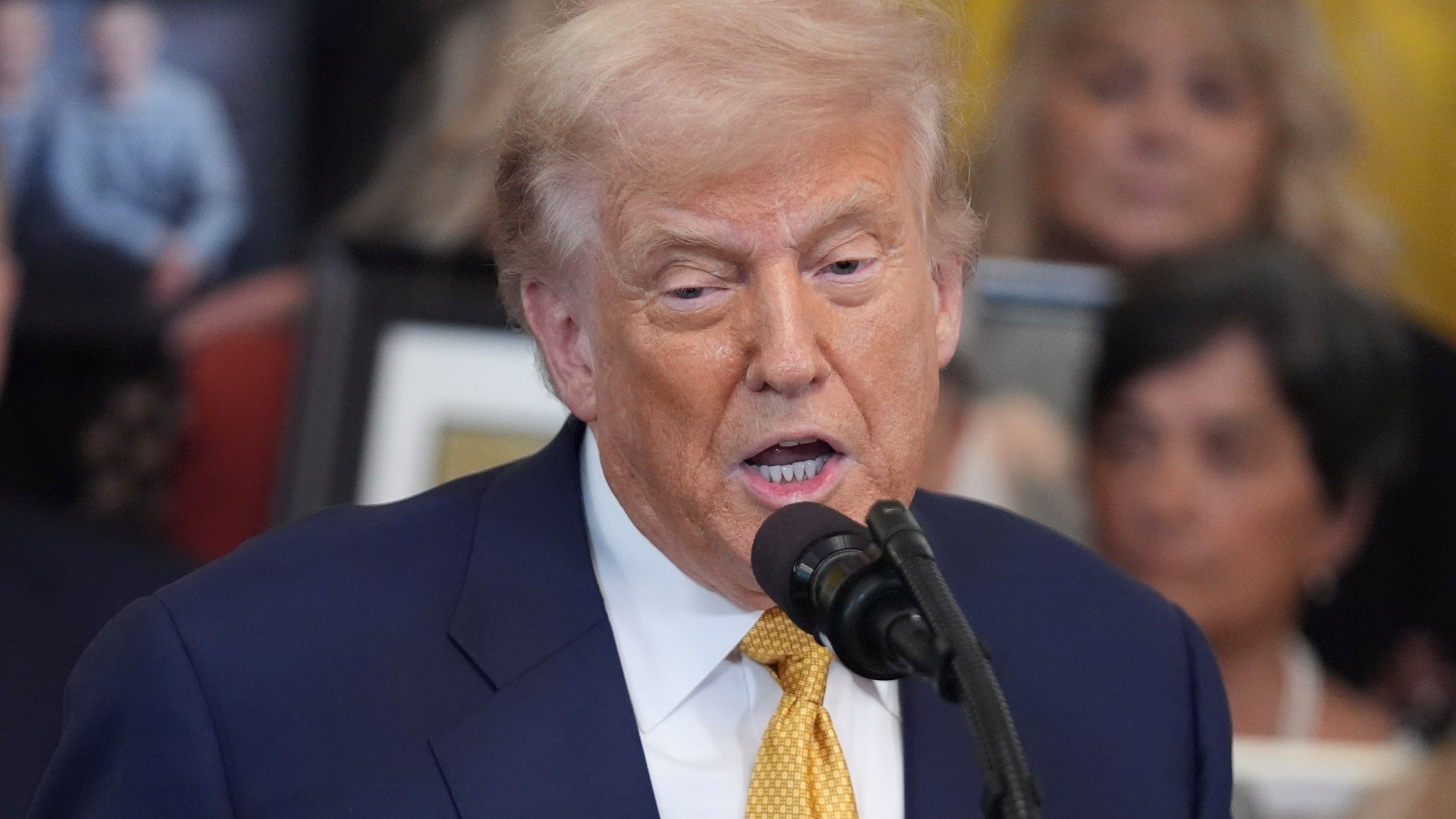 President Donald Trump speaks during a ceremony to sign the "Halt All Lethal Trafficking of Fentanyl Act," in the East Room of the White House, Wednesday, July 16, 2025, in Washington. (AP Photo/Evan Vucci)