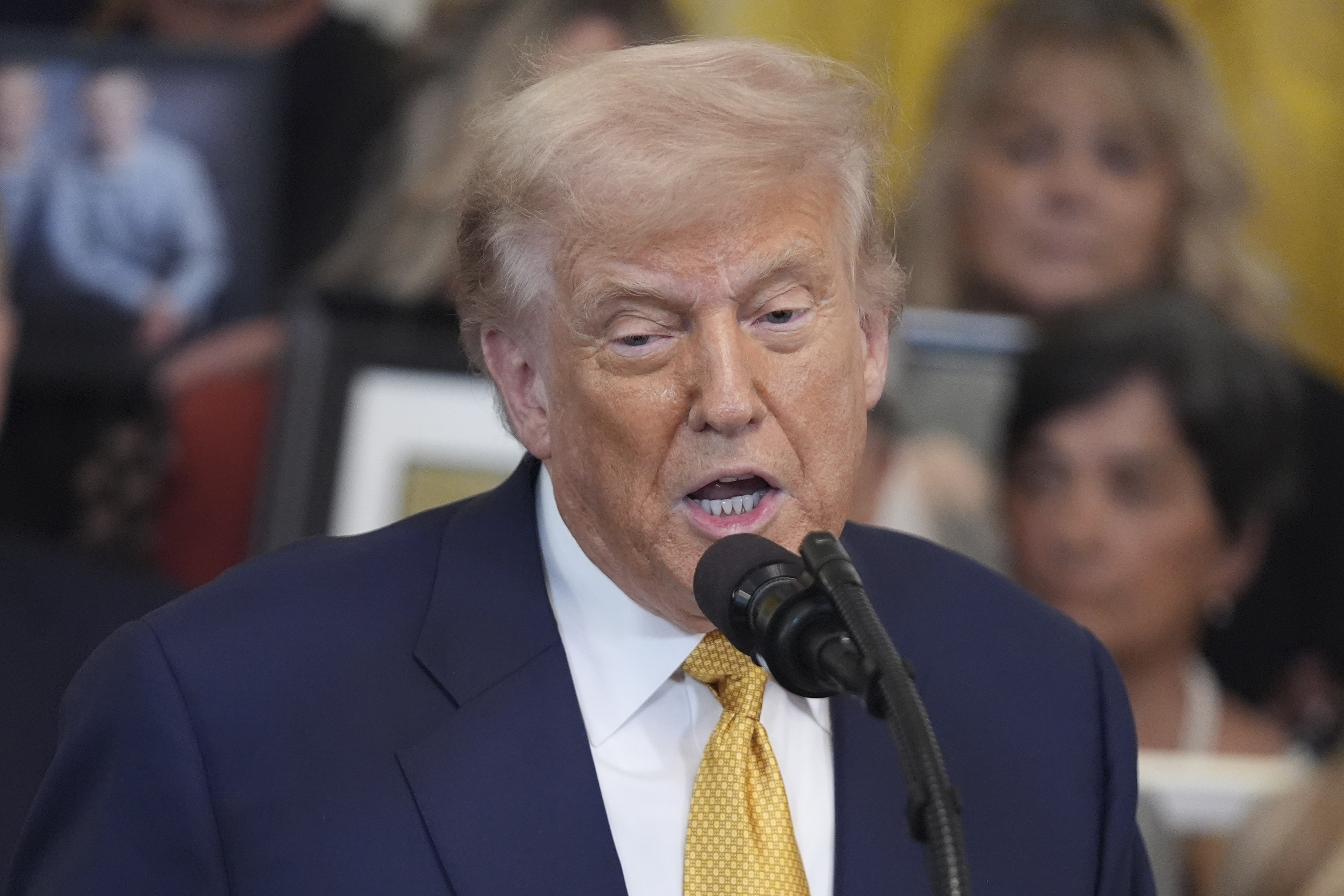 President Donald Trump speaks during a ceremony to sign the "Halt All Lethal Trafficking of Fentanyl Act," in the East Room of the White House, Wednesday, July 16, 2025, in Washington. (AP Photo/Evan Vucci)