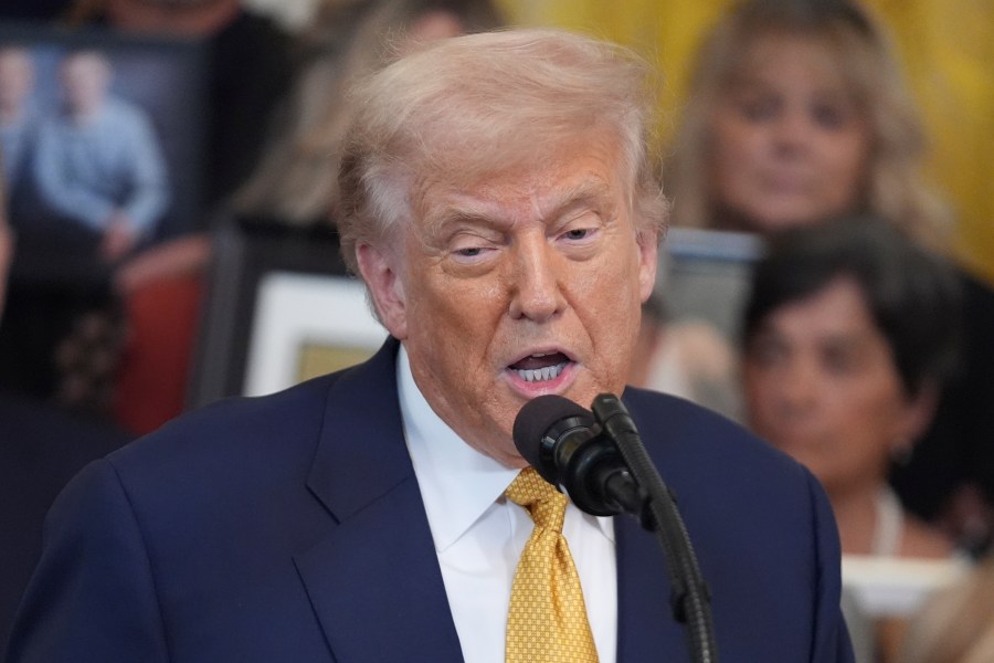 President Donald Trump speaks during a ceremony to sign the "Halt All Lethal Trafficking of Fentanyl Act," in the East Room of the White House, Wednesday, July 16, 2025, in Washington. (AP Photo/Evan Vucci)