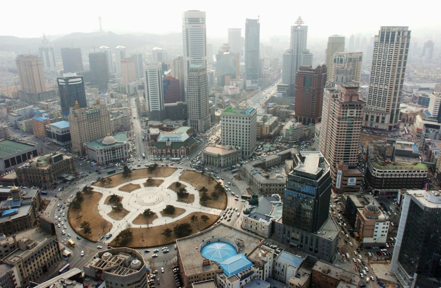 FILE- An aerial view shows the central area in Dalian, China, in 2006. (Kyodo News via AP)