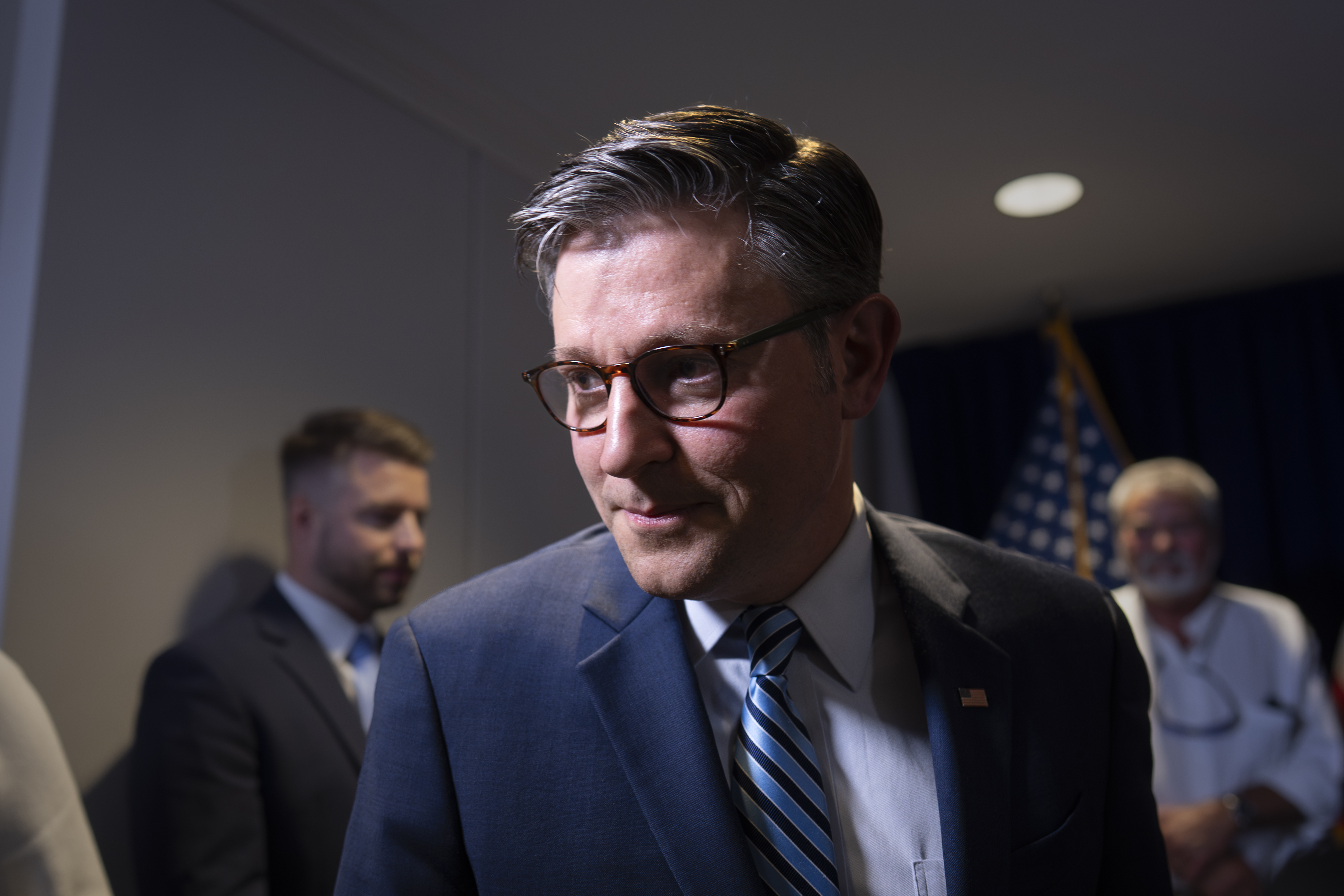 Speaker of the House Mike Johnson, R-La., departs a news conference at the Republican National Committee headquarters in Washington, Tuesday, July 15, 2025. (AP Photo/J. Scott Applewhite)