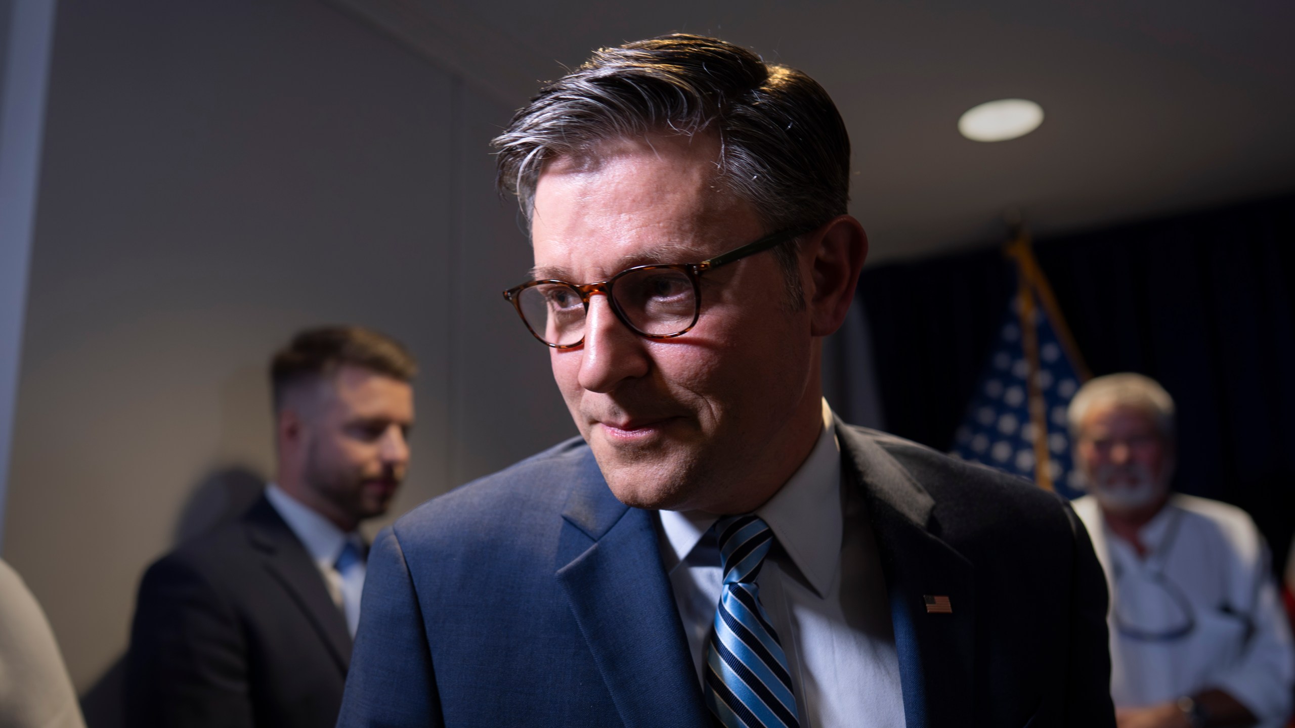 Speaker of the House Mike Johnson, R-La., departs a news conference at the Republican National Committee headquarters in Washington, Tuesday, July 15, 2025. (AP Photo/J. Scott Applewhite)