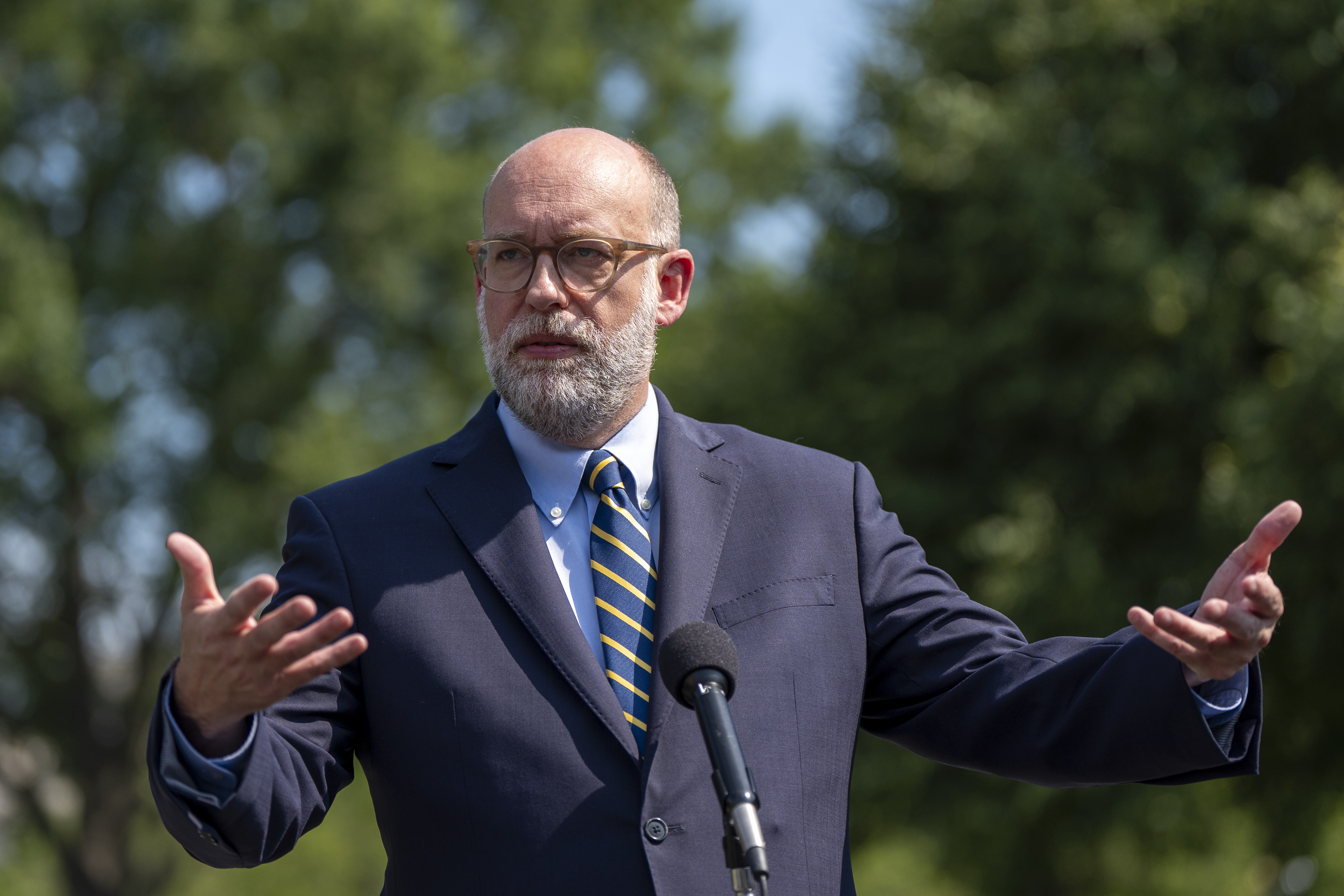 Office of Management and Budget Director Russell Vought speaks with reporters at the White House, Thursday, July 17, 2025, in Washington. (AP Photo/Alex Brandon)