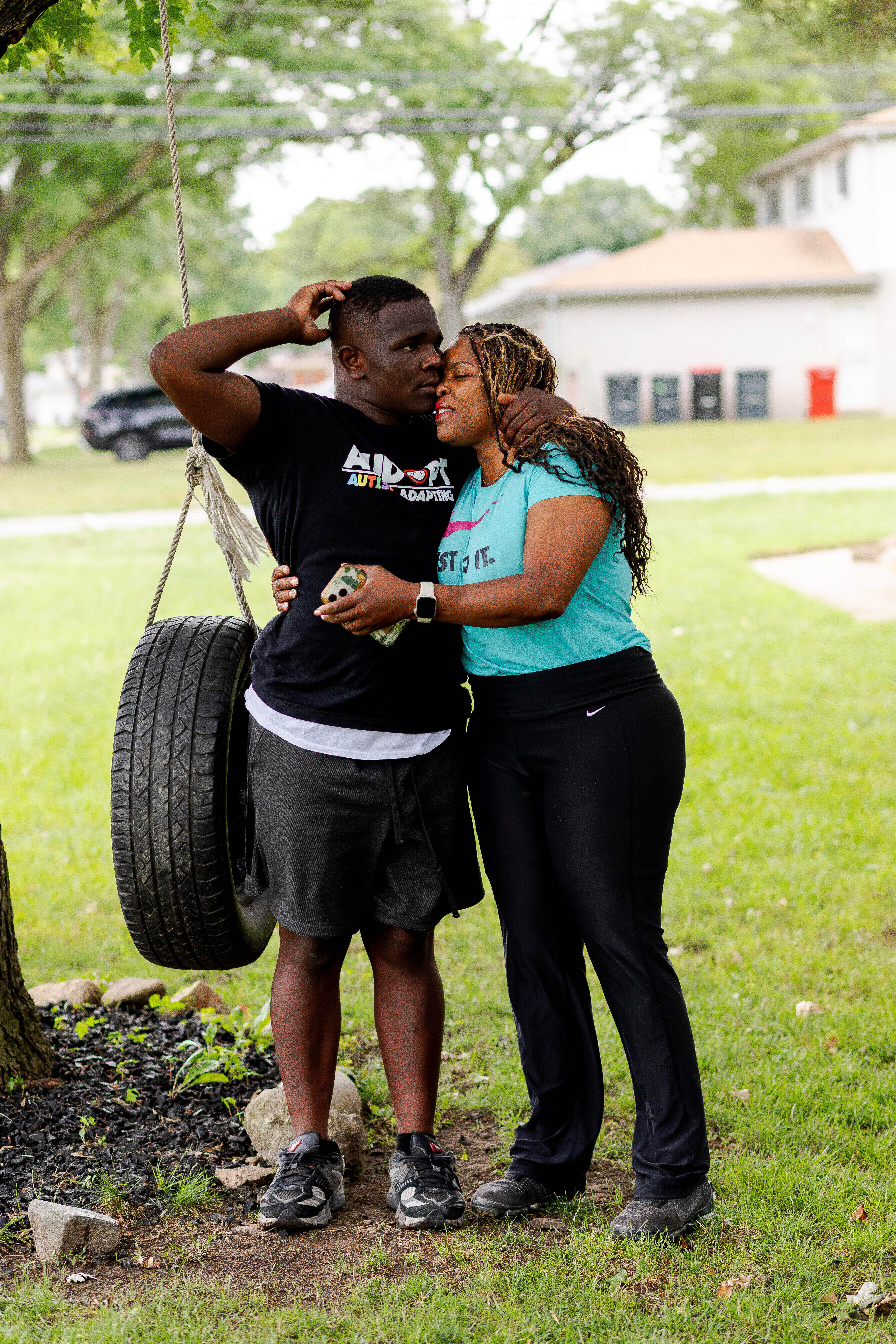 Adrienne Hazel, right, hugs her son Ricky on Thursday, July 17, 2025, in Southfield, Mich. (AP Photo/Sylvia Jarrus)