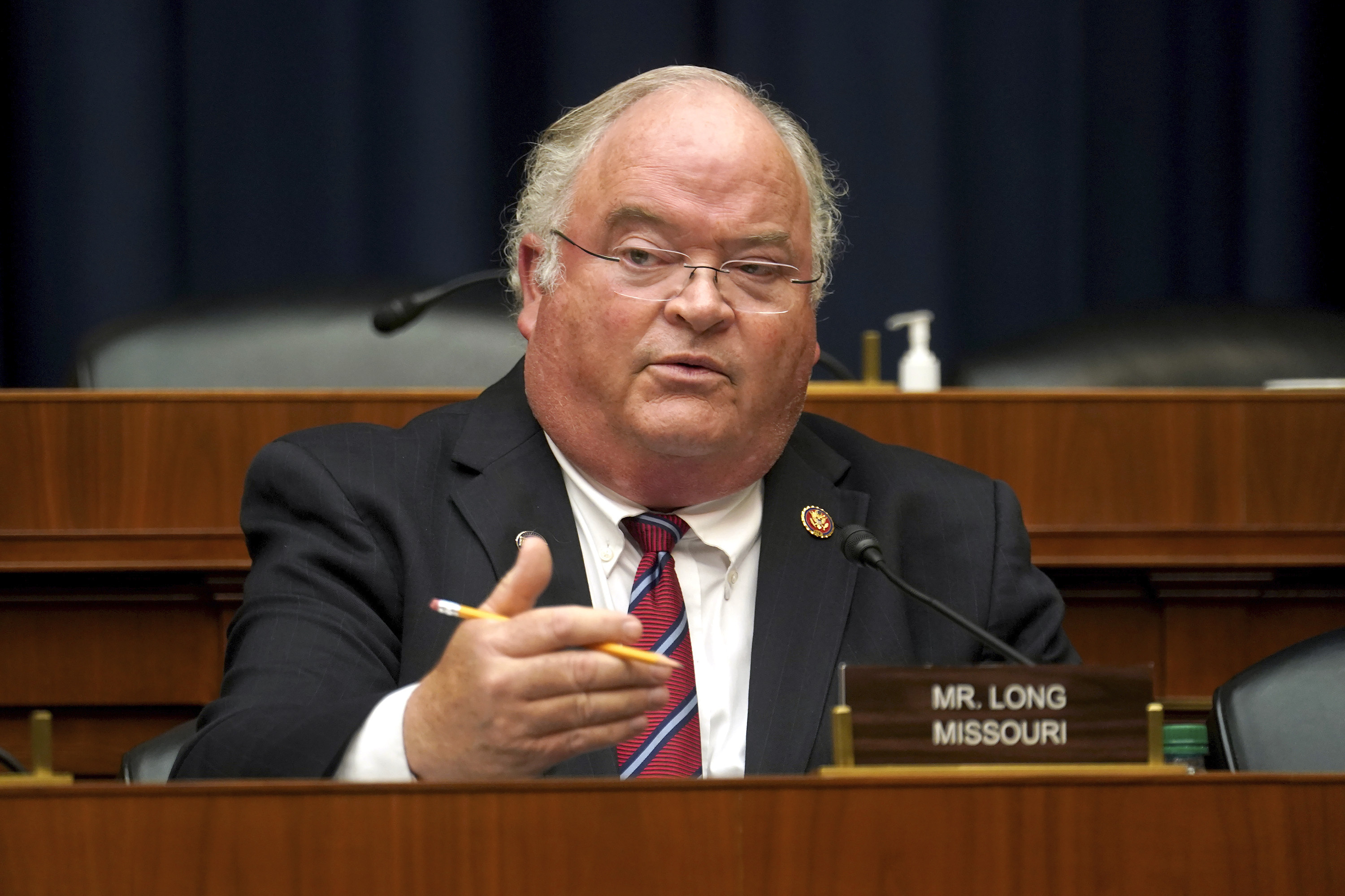 FILE - Rep. Billy Long, R-Mo., asks questions during hearing May 14, 2020, on Capitol Hill in Washington. (Greg Nash/Pool via AP, File)
