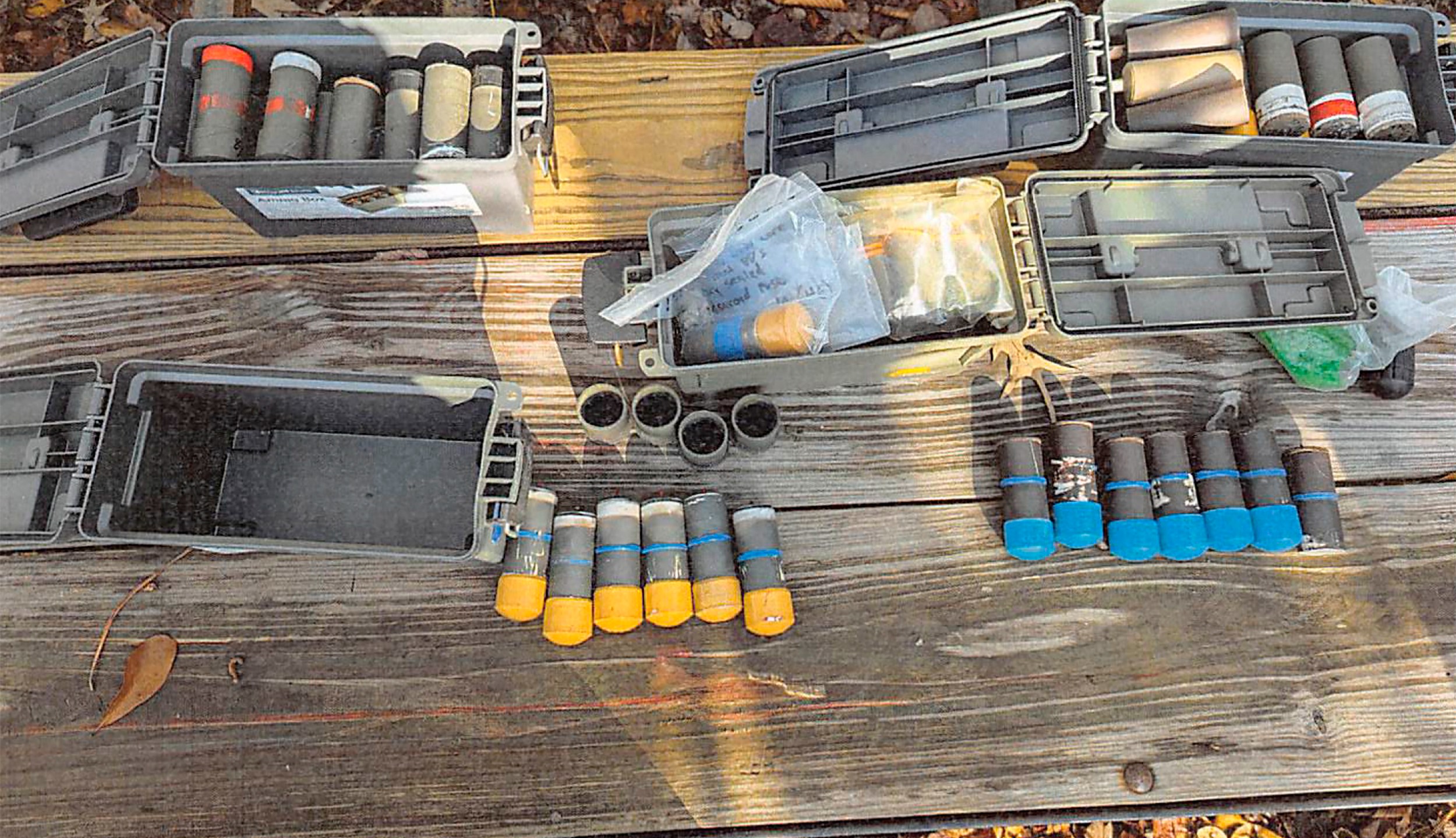 FILE - This image provided by U.S. Attorney's Office, Eastern District of Virginia shows a stockpile of homemade explosives Federal agents seized when they arrested Brad Spafford, a Virginia man on a firearms charge in Dec. 2024. (U.S. Attorney's Office, Eastern District of Virginia via AP)
