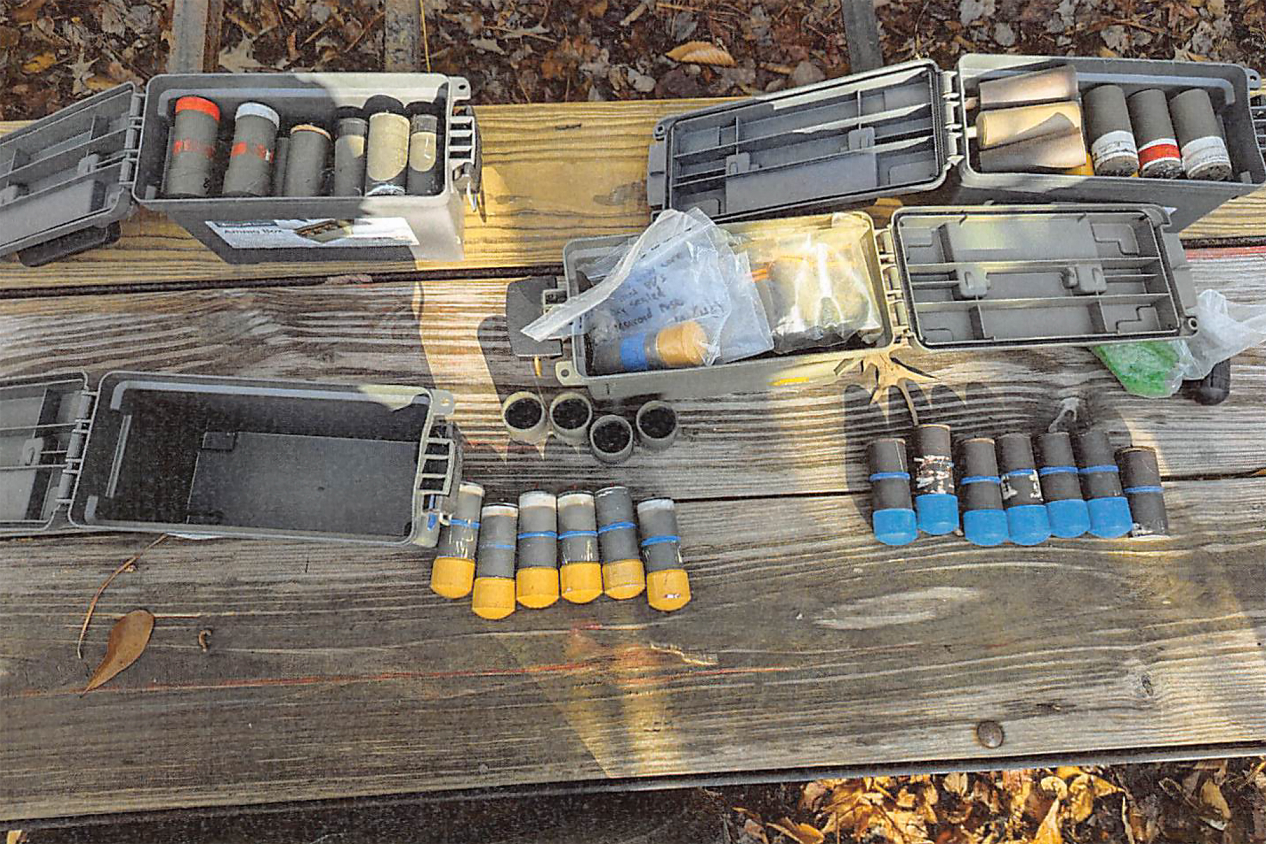 FILE - This image provided by U.S. Attorney's Office, Eastern District of Virginia shows a stockpile of homemade explosives Federal agents seized when they arrested Brad Spafford, a Virginia man on a firearms charge in Dec. 2024. (U.S. Attorney's Office, Eastern District of Virginia via AP)