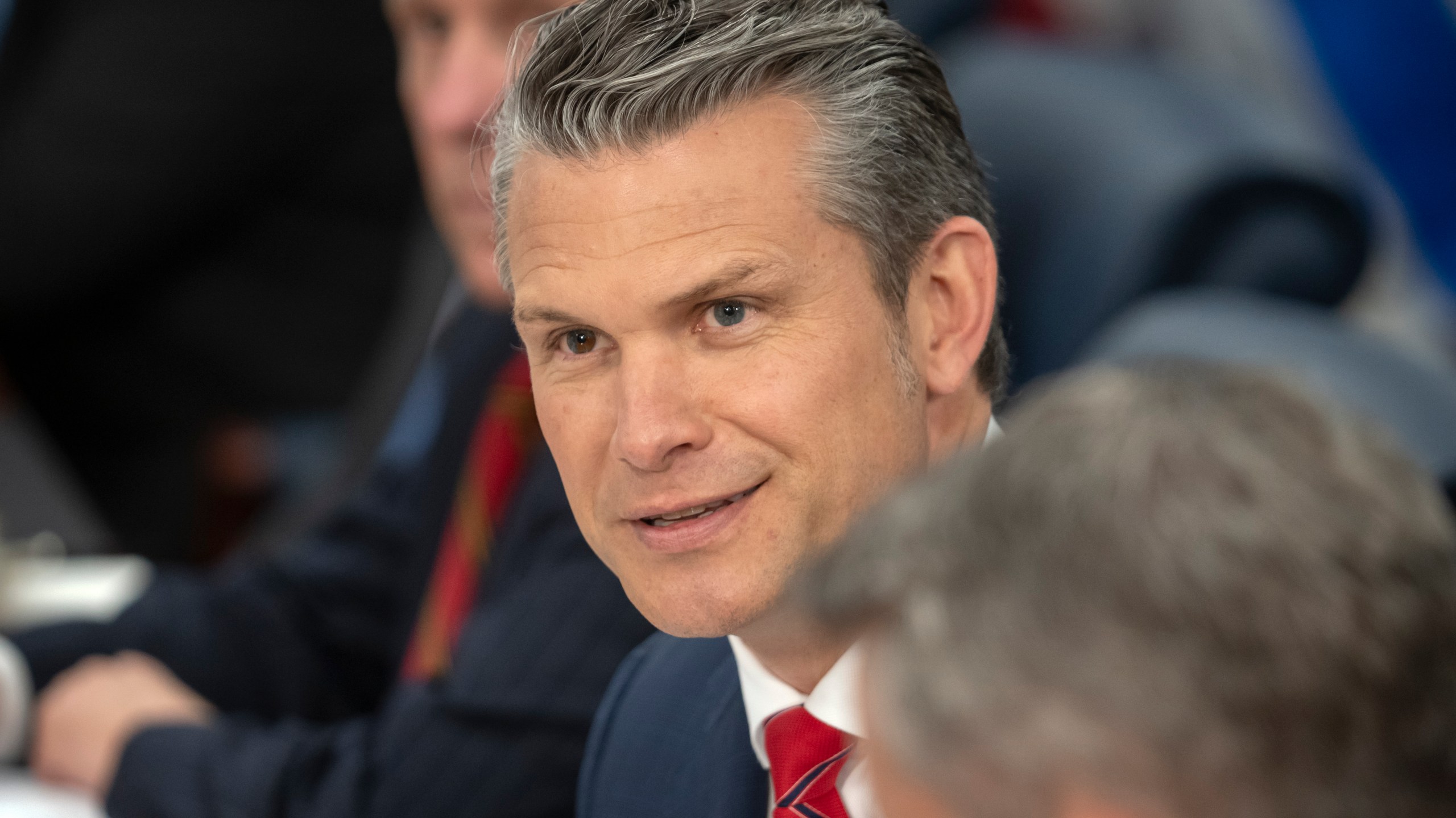 Secretary of Defense Pete Hegseth speaks during a meeting with Israeli Defense Minister Israel Katz at the Pentagon, Friday, July 18, 2025, in Washington. (AP Photo/Mark Schiefelbein)