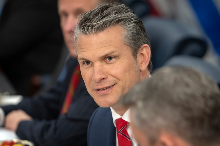 Secretary of Defense Pete Hegseth speaks during a meeting with Israeli Defense Minister Israel Katz at the Pentagon, Friday, July 18, 2025, in Washington. (AP Photo/Mark Schiefelbein)
