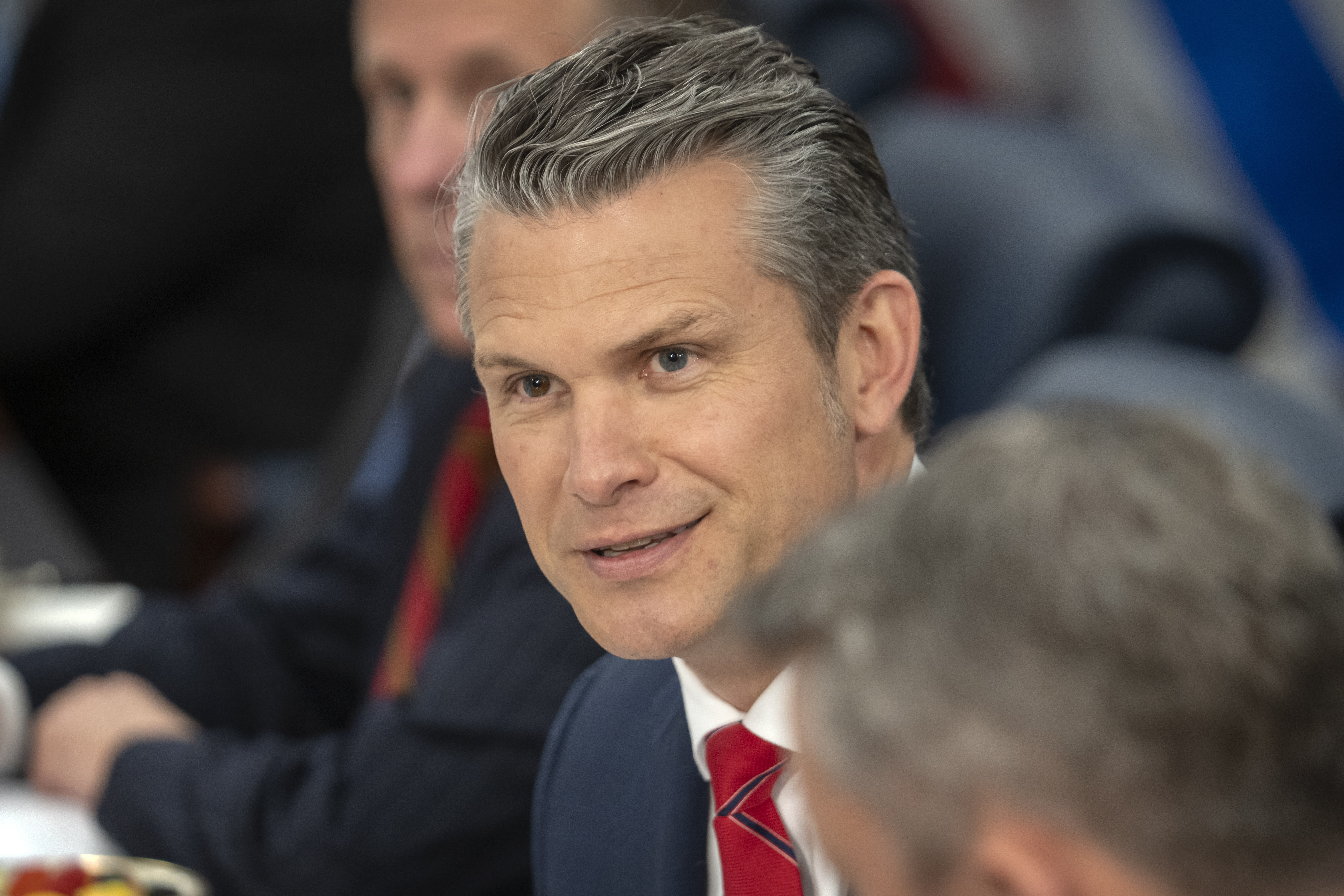 Secretary of Defense Pete Hegseth speaks during a meeting with Israeli Defense Minister Israel Katz at the Pentagon, Friday, July 18, 2025, in Washington. (AP Photo/Mark Schiefelbein)