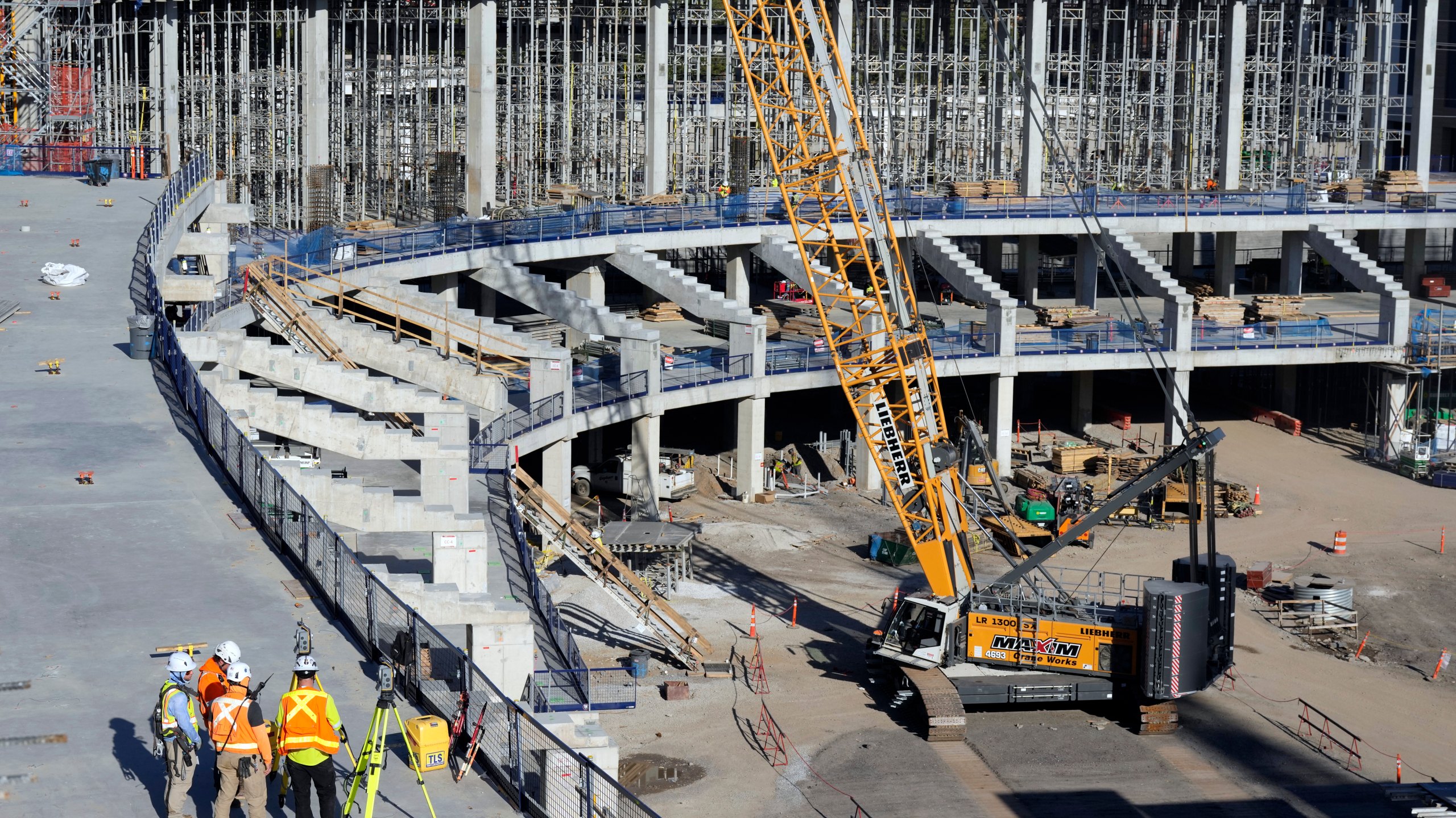 FILE - Construction continues on a new enclosed stadium for NFL football's Tennessee Titans, March 3, 2025, in Nashville, Tenn. (AP Photo/Mark Humphrey, File)
