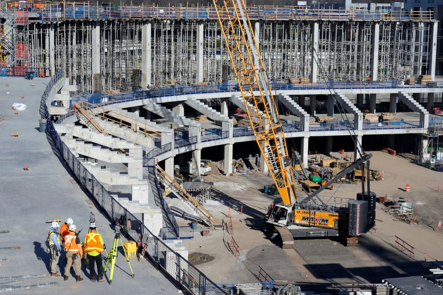 FILE - Construction continues on a new enclosed stadium for NFL football's Tennessee Titans, March 3, 2025, in Nashville, Tenn. (AP Photo/Mark Humphrey, File)
