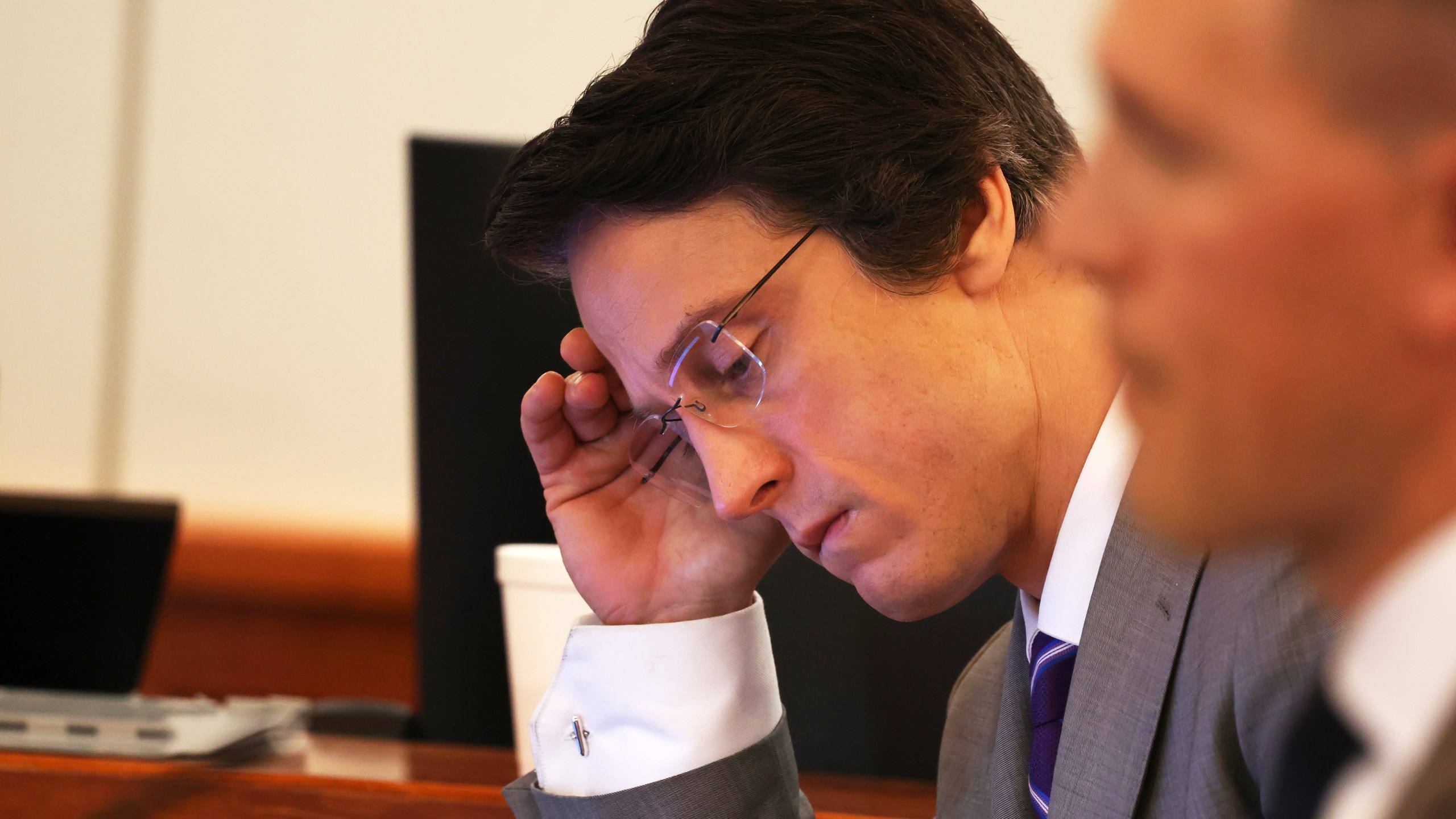 Bruce Ringstrom Jr., one of three attorneys representing Minn. state Sen. Nicole Mitchell, D-Woodbury, in her felony burglary trial, is seen on the fifth day of the trial, Friday, July 18, 2025, at Becker County District Court in Detroit Lakes, Minn. (Anna Paige/The Forum via AP, Pool)