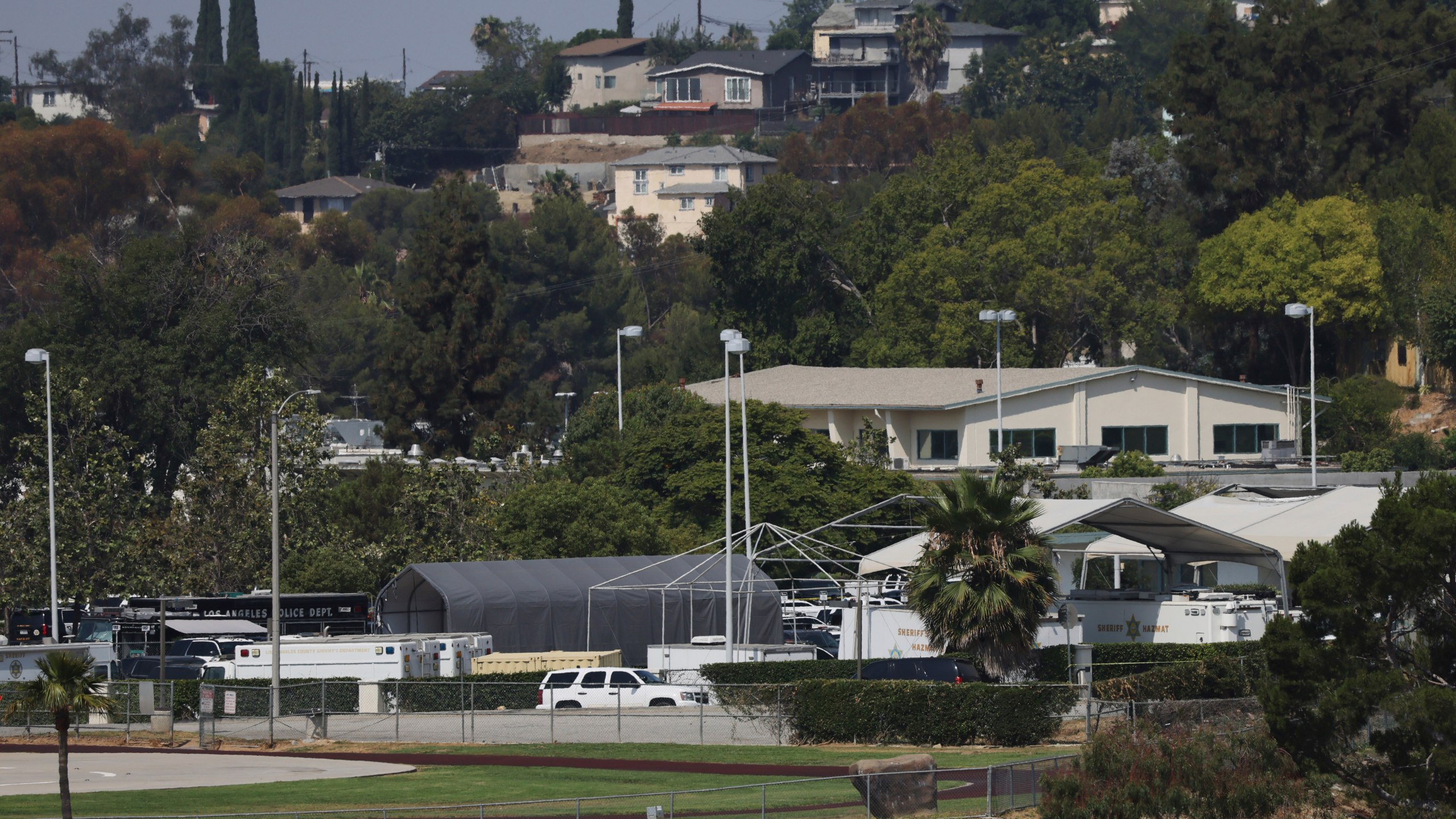 The Biscailuz Training Facility, where an explosion occurred, is shown on Friday, July 18, 2025, in Los Angeles. (AP Photo/Etienne Laurent)