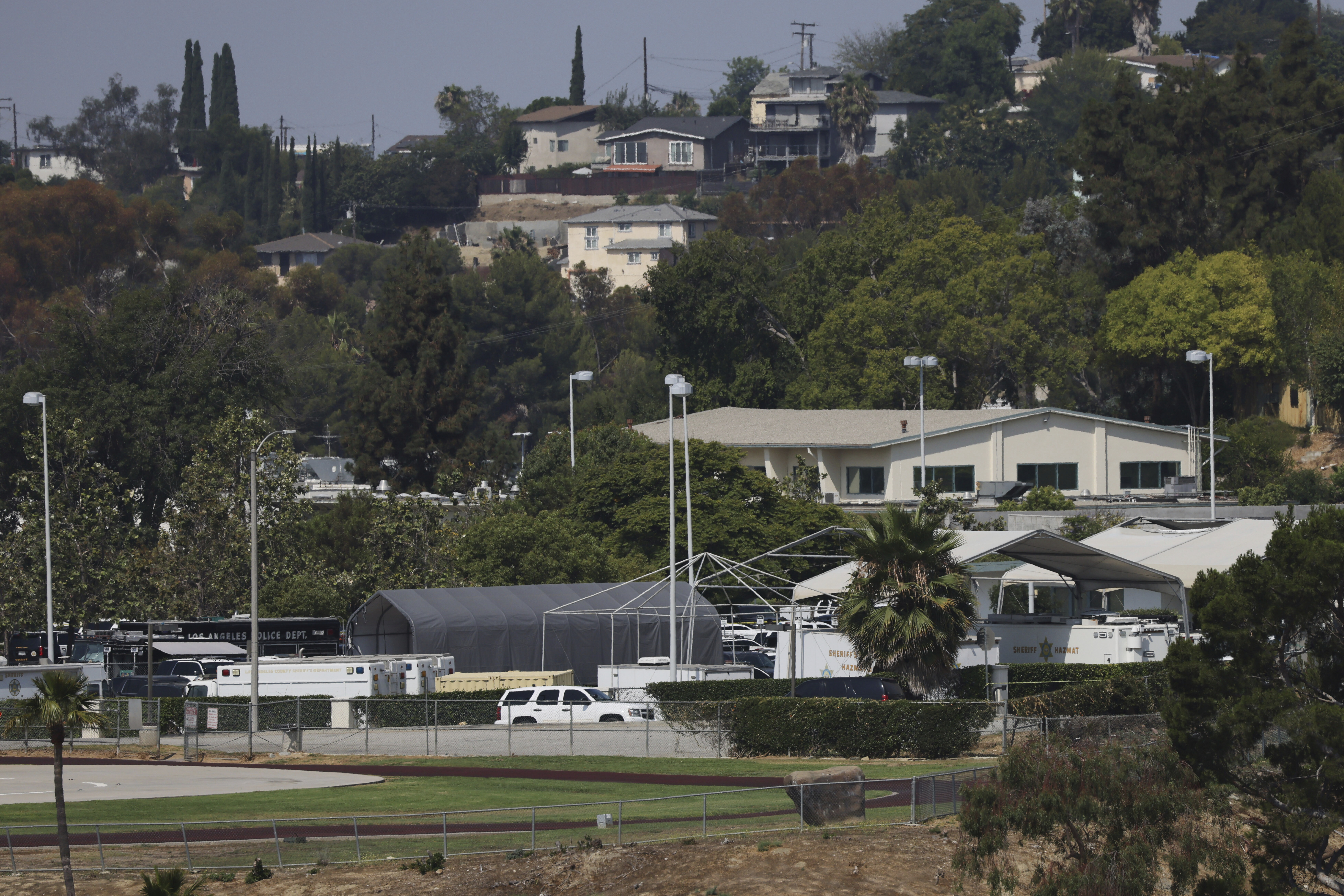 The Biscailuz Training Facility, where an explosion occurred, is shown on Friday, July 18, 2025, in Los Angeles. (AP Photo/Etienne Laurent)