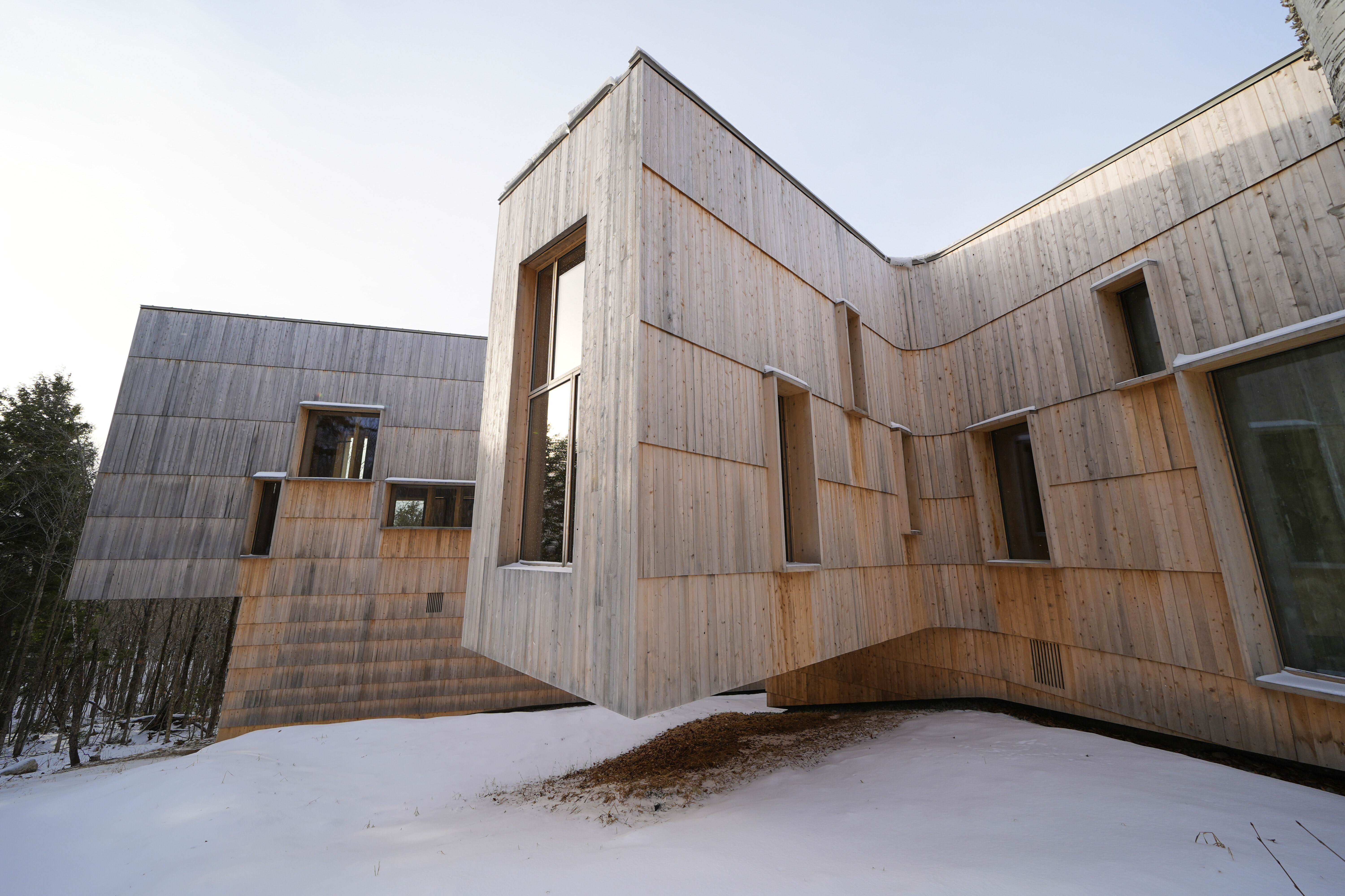 The Tekakapimək Contact Station, built by the Elliotsville Foundation with coordination from the Wabanaki Nations, is seen Jan. 7, 2025, at the Katahdin Woods and Waters Monument in northern Maine. (AP Photo/Robert F. Bukaty)