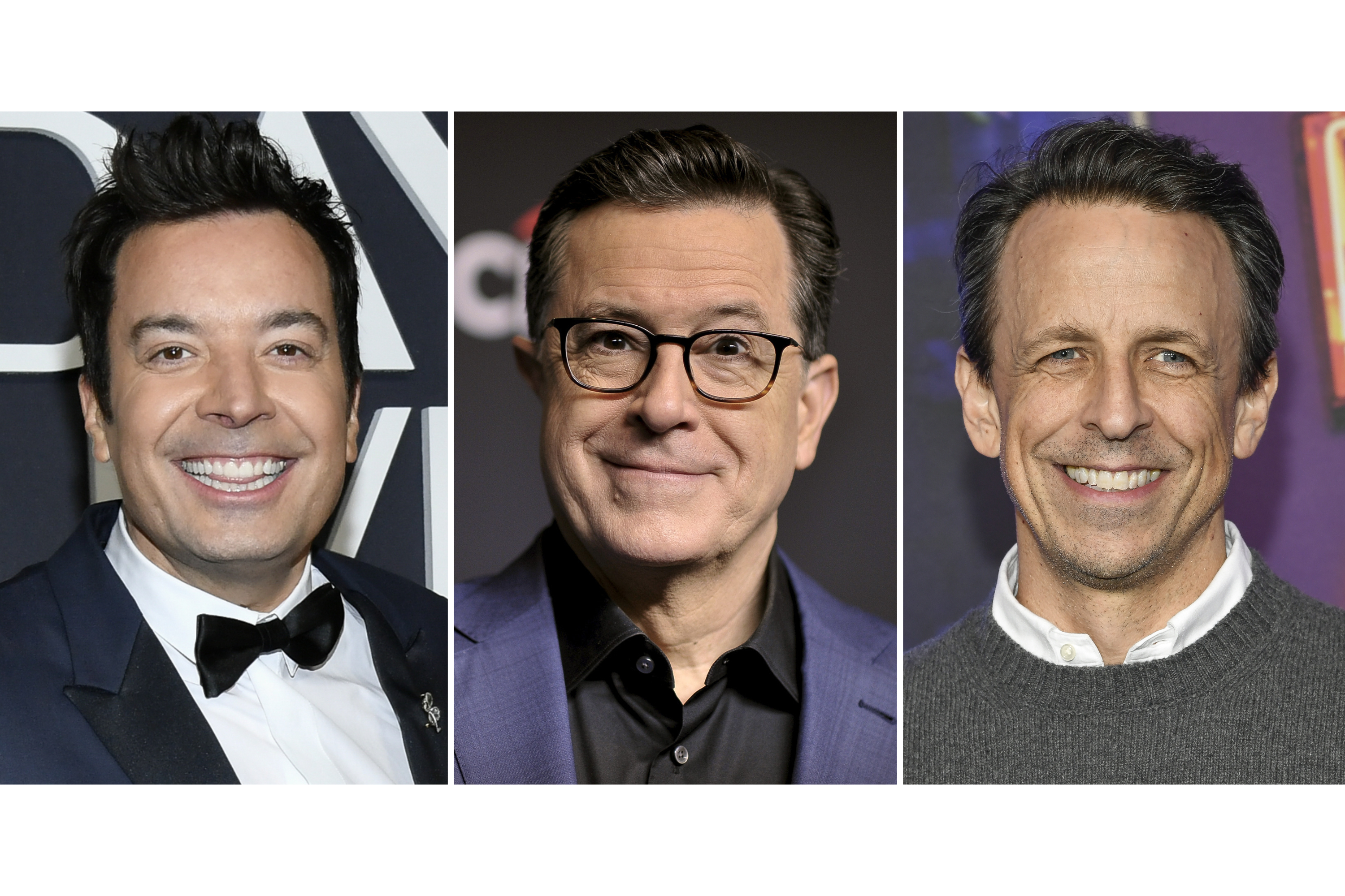 This combination of photos shows Jimmy Fallon at the SNL50: The Anniversary Special in New York on Feb. 16, 2025, left, Stephen Colbert at an event in Los Angeles on March 16, 2019, center, and Seth Meyers at the SNL50: The Homecoming Concert in New York on Feb. 14, 2025. (AP Photo)