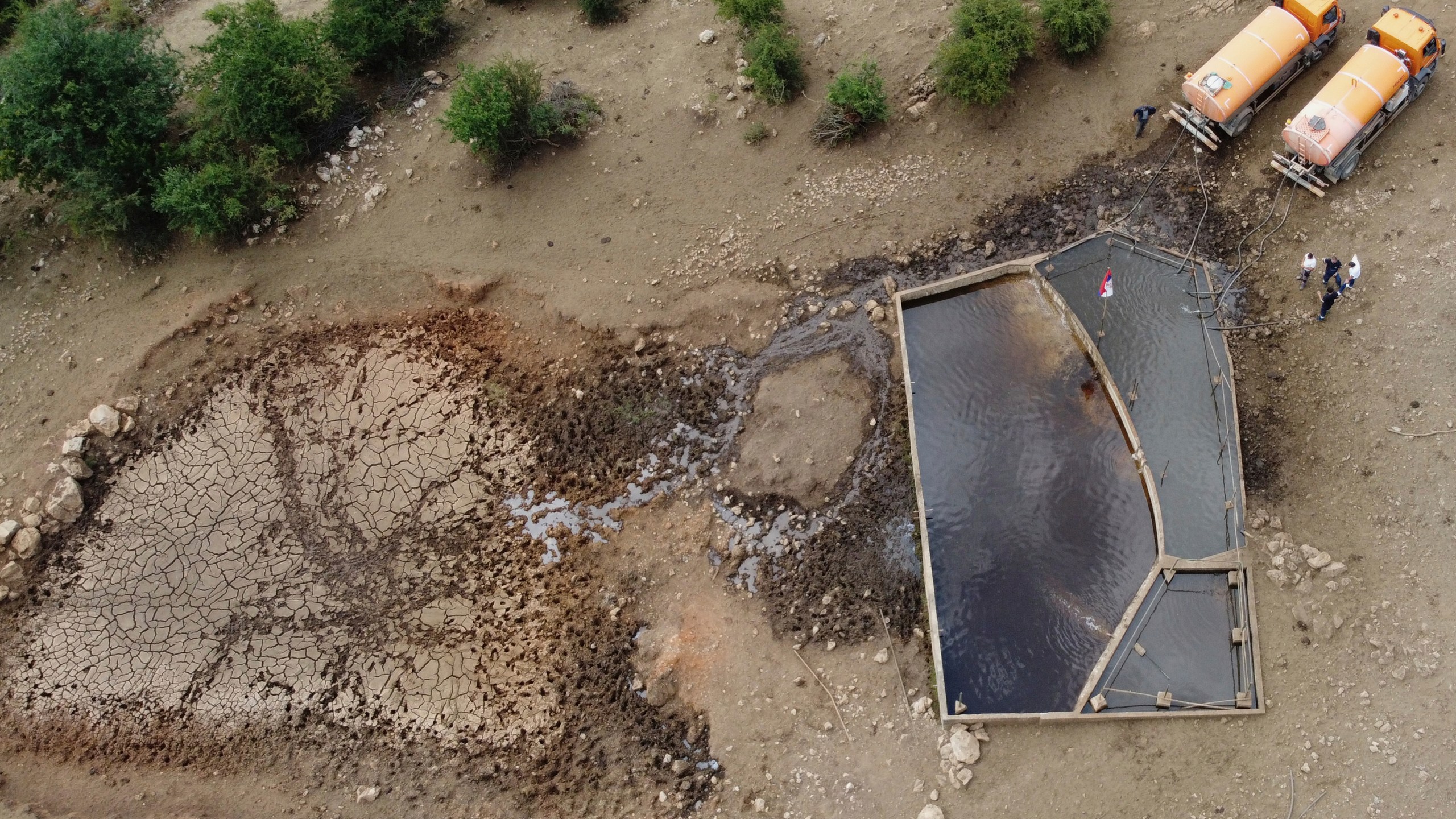 Workers used hoses to fill up the pond with water for hundreds of cows and horses during a severe drought on a mountain Suva Planina, in southeast Serbia, Thursday, July 17, 2025. (AP Photo/Darko Vojinovic)