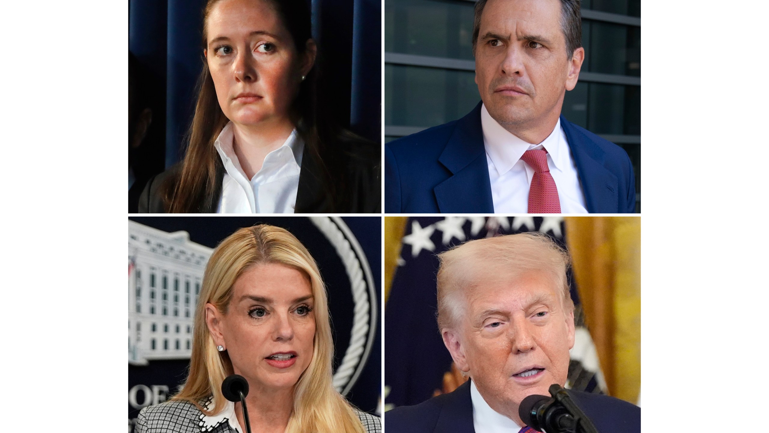 FILE - This photo combination shows from top left, Assistant U.S. Attorney Maurene Comey listening in New York, July 8, 2019, attorney Todd Blanche after a hearing, Sept. 5, 2024, in Washington, Attorney General Pam Bondi speaking during a news conference at the Justice Department, June 6, 2025, in Washington and and President Donald Trump speaking at an event in the East Room of the White House, July 18, 2025, in Washington. (AP Photo/Richard Drew, Jose Luis Magana, Julia Demaree Nikhinson, Alex Brandon, file)