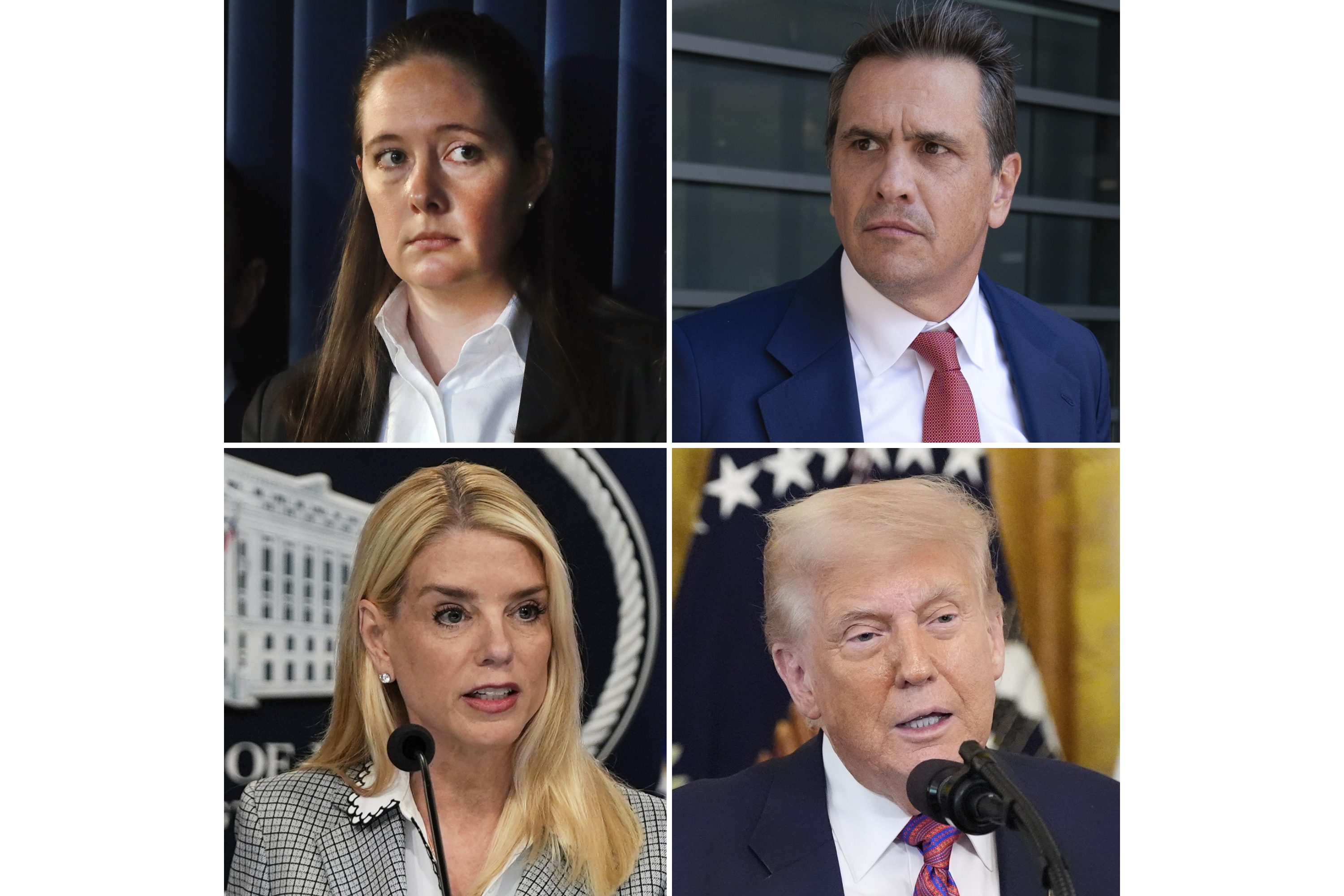 FILE - This photo combination shows from top left, Assistant U.S. Attorney Maurene Comey listening in New York, July 8, 2019, attorney Todd Blanche after a hearing, Sept. 5, 2024, in Washington, Attorney General Pam Bondi speaking during a news conference at the Justice Department, June 6, 2025, in Washington and and President Donald Trump speaking at an event in the East Room of the White House, July 18, 2025, in Washington. (AP Photo/Richard Drew, Jose Luis Magana, Julia Demaree Nikhinson, Alex Brandon, file)