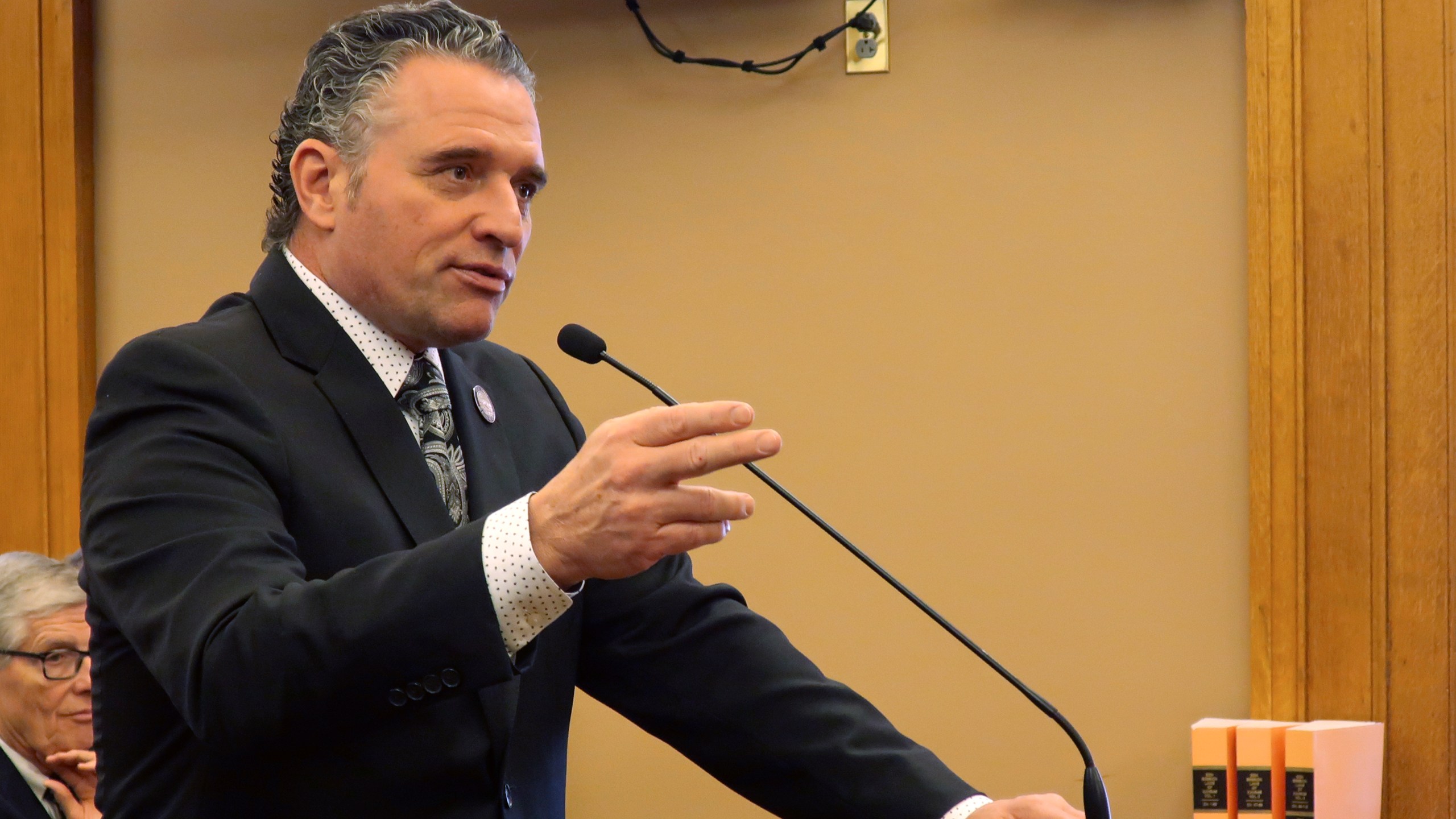 FILE - Kansas Senate President Ty Masterson, R-Andover, testifies during a committee hearing, Feb. 25, 2025, at the Statehouse in Topeka, Kans. (AP Photo/John Hanna, File)