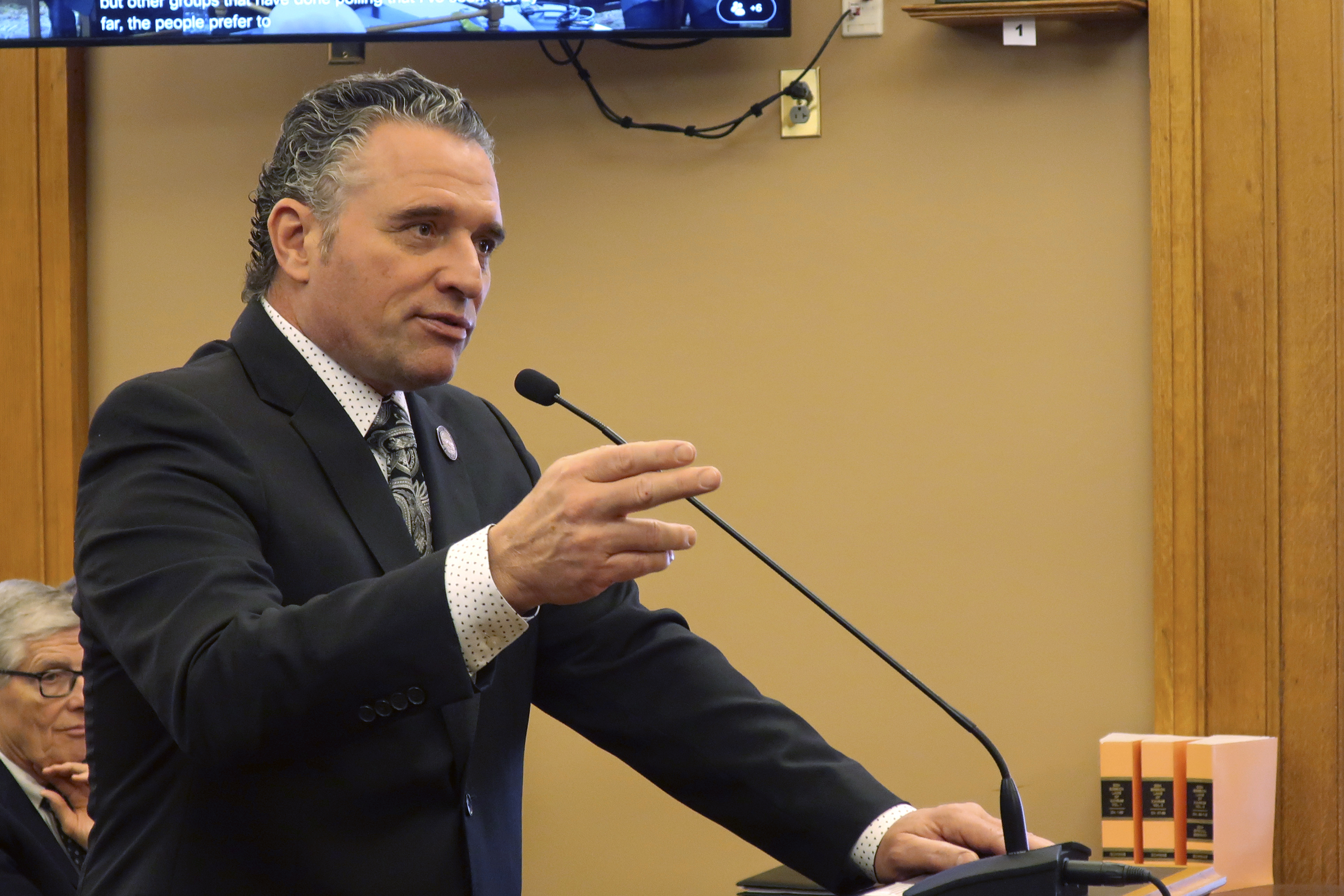 FILE - Kansas Senate President Ty Masterson, R-Andover, testifies during a committee hearing, Feb. 25, 2025, at the Statehouse in Topeka, Kans. (AP Photo/John Hanna, File)