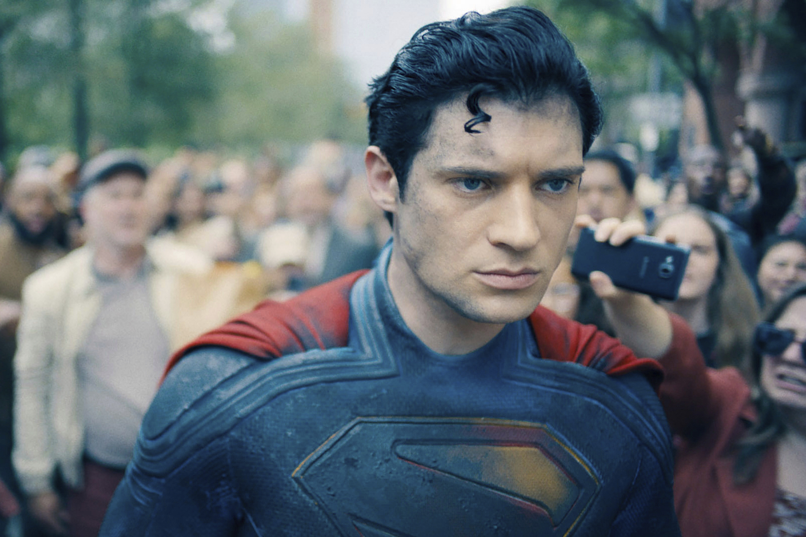 This image released by Warner Bros. Pictures shows David Corenswet in a scene from "Superman." (Warner Bros. Pictures via AP)