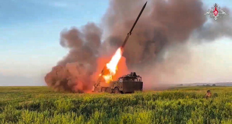 FILE - In this photo taken from video distributed by Russian Defense Ministry Press Service on Thursday, July 17, 2025, a Russian self-propelled multiple rocket launcher fires towards a Ukrainian position in Ukraine. (Russian Defense Ministry Press Service via AP, file)