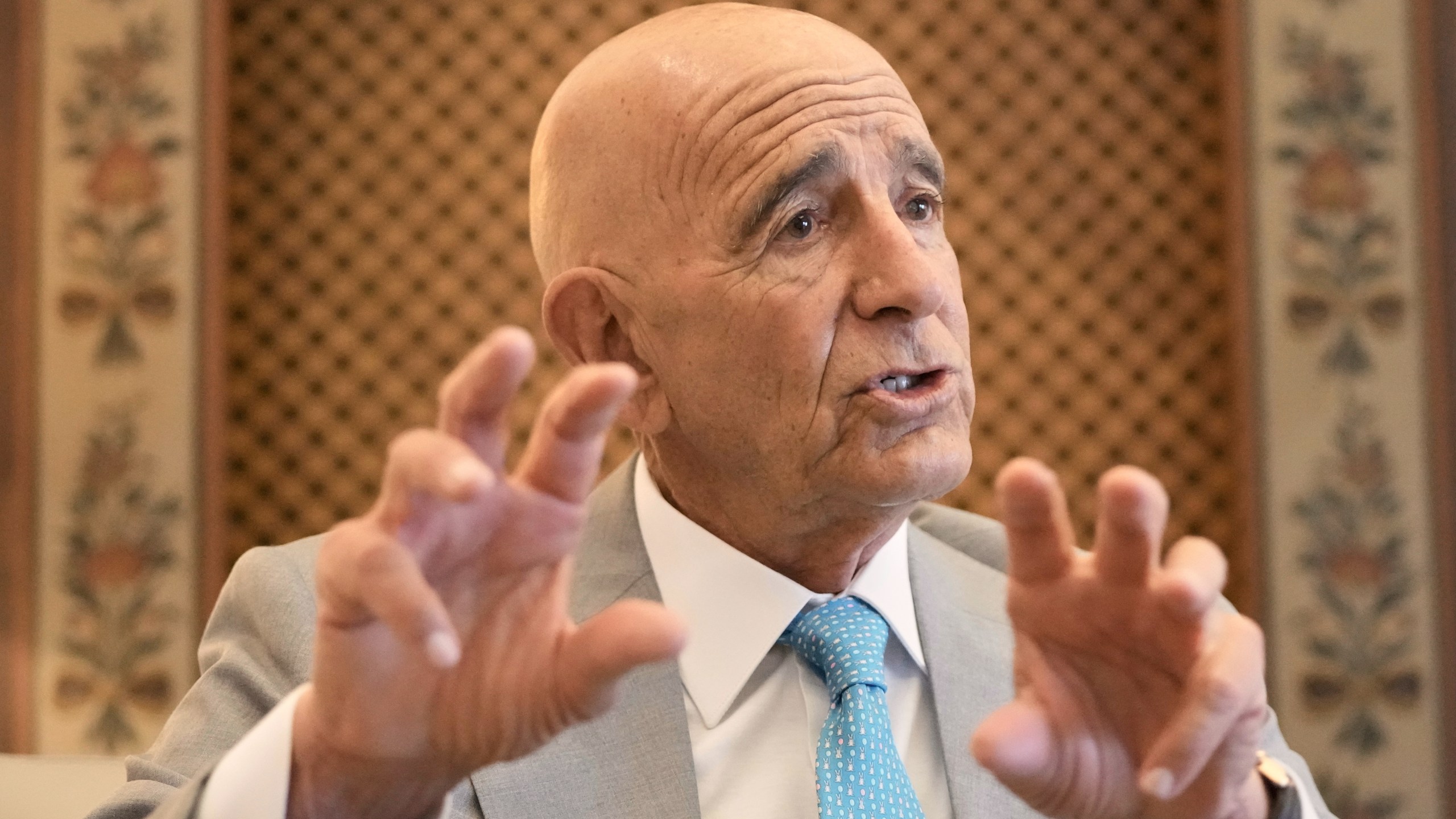 U.S. Ambassador to Turkey and Special Envoy to Syria Tom Barrack speaks during an interview with The Associated Press at the U.S. Embassy in Aukar, northern suburb of Beirut, Lebanon, Monday, July 21, 2025. (AP Photo/Hassan Ammar)