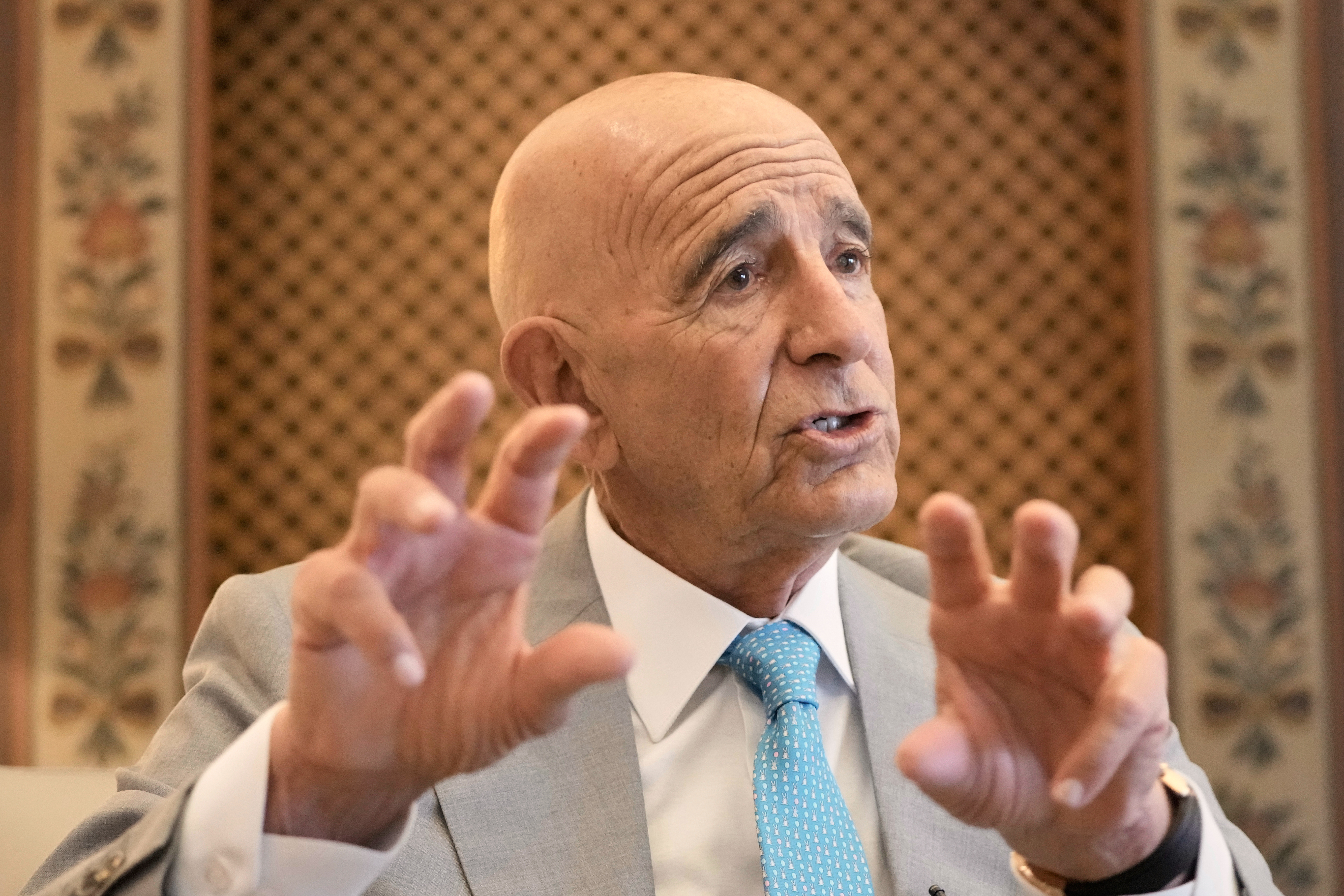 U.S. Ambassador to Turkey and Special Envoy to Syria Tom Barrack speaks during an interview with The Associated Press at the U.S. Embassy in Aukar, northern suburb of Beirut, Lebanon, Monday, July 21, 2025. (AP Photo/Hassan Ammar)
