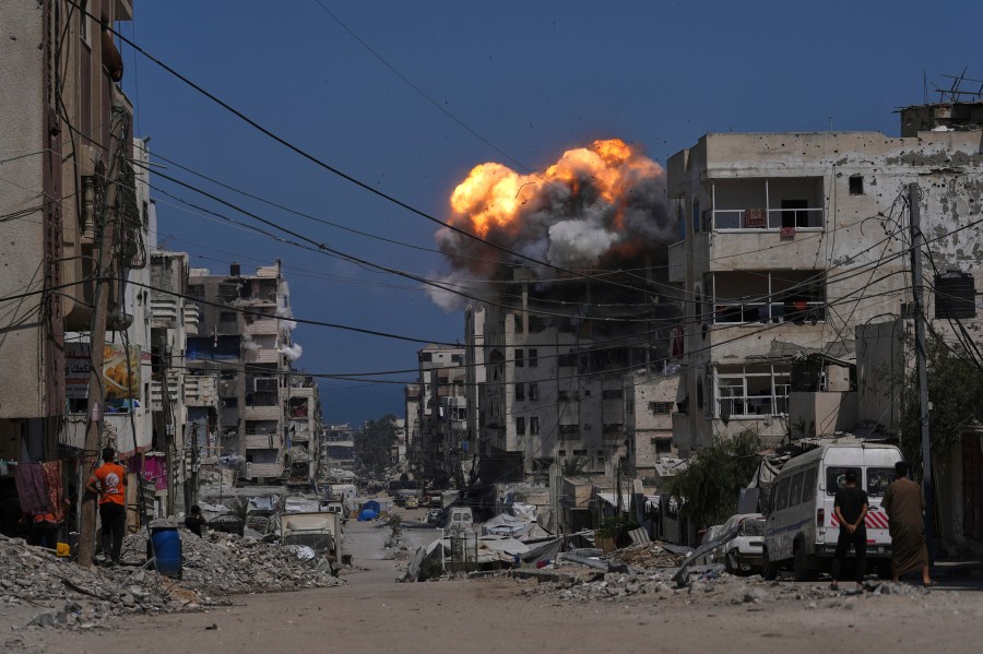 Smoke and flames erupt from an Israeli airstrike in Gaza City, Monday, July 21, 2025. (AP Photo/Jehad Alshrafi)