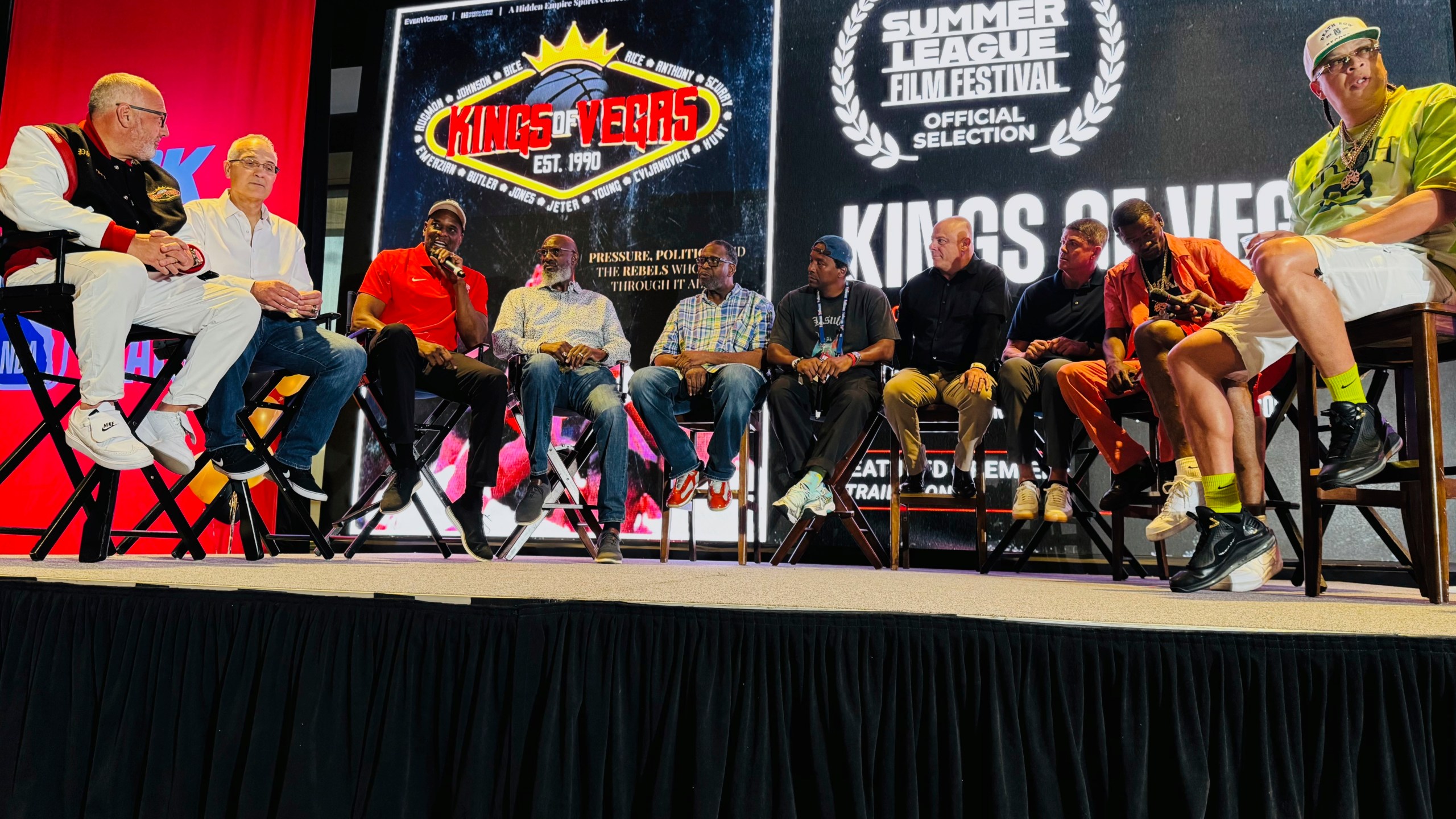 Retired NBA player and current coach Stacey Augmon speaks during a Q&A after previewing the "UNLV: Runnin' Rebels" documentary during the Summer League Film Festival, Saturday, July 19, 2025, in Las Vegas (AP Photo/Jonathan Landrum Jr.)