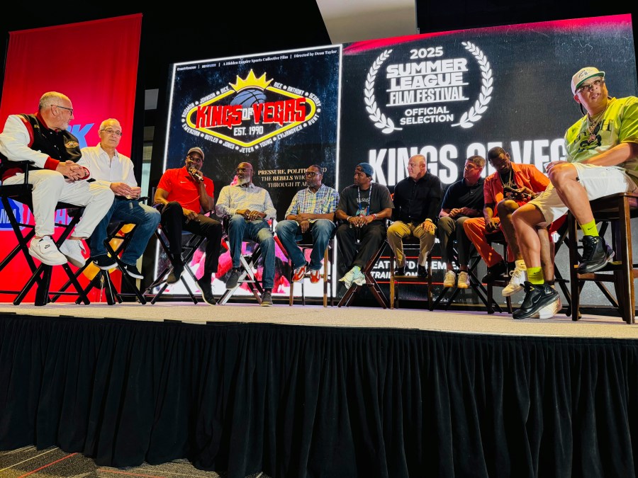Retired NBA player and current coach Stacey Augmon speaks during a Q&A after previewing the "UNLV: Runnin' Rebels" documentary during the Summer League Film Festival, Saturday, July 19, 2025, in Las Vegas (AP Photo/Jonathan Landrum Jr.)