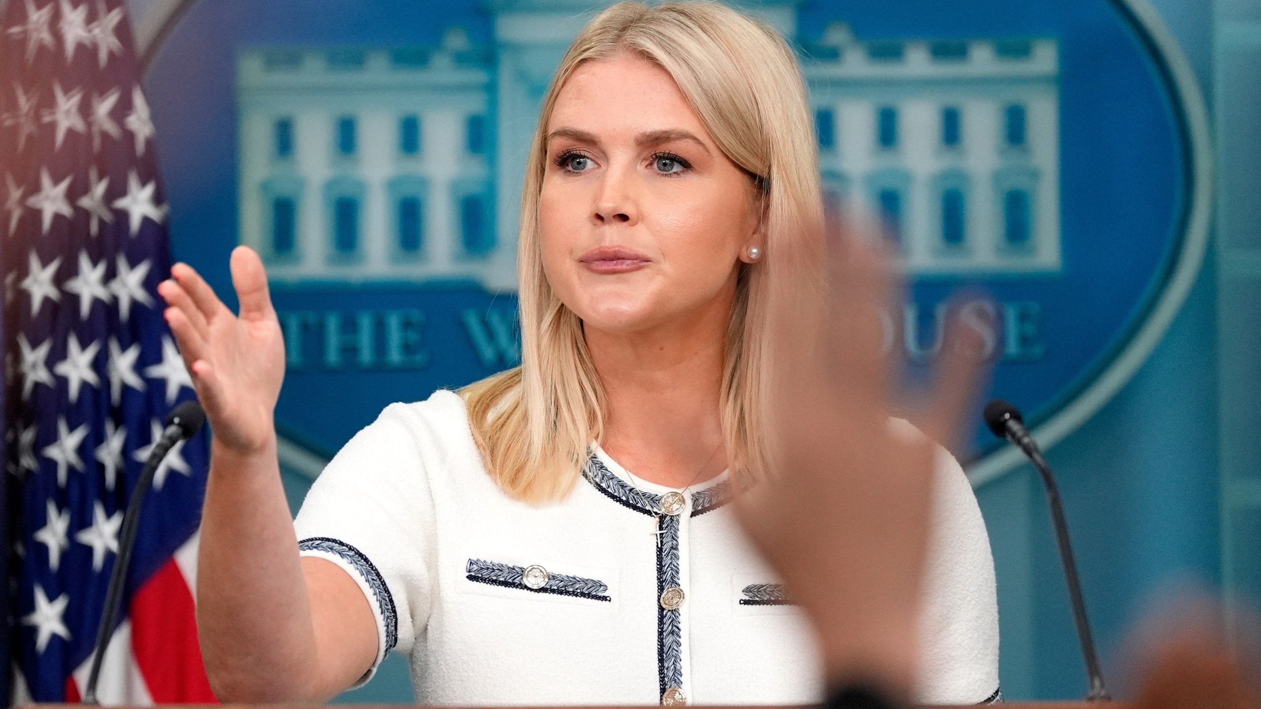 White House press secretary Karoline Leavitt speaks with reporters in the James Brady Press Briefing Room at the White House, Thursday, July 17, 2025, in Washington. (AP Photo/Alex Brandon)