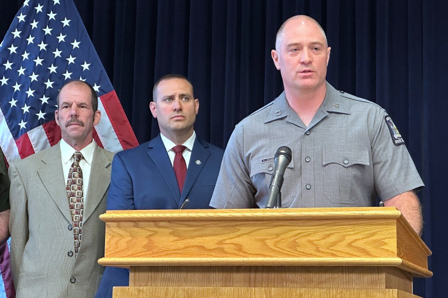 New York State Police Capt. Robert McConnell speaks at a news conference, Monday, July 21, 2025, in Latham, N.Y., about the arrest of a Canadian man who reported his 9-year-old daughter missing in upstate New York. (Associated Press/Michael Hill)