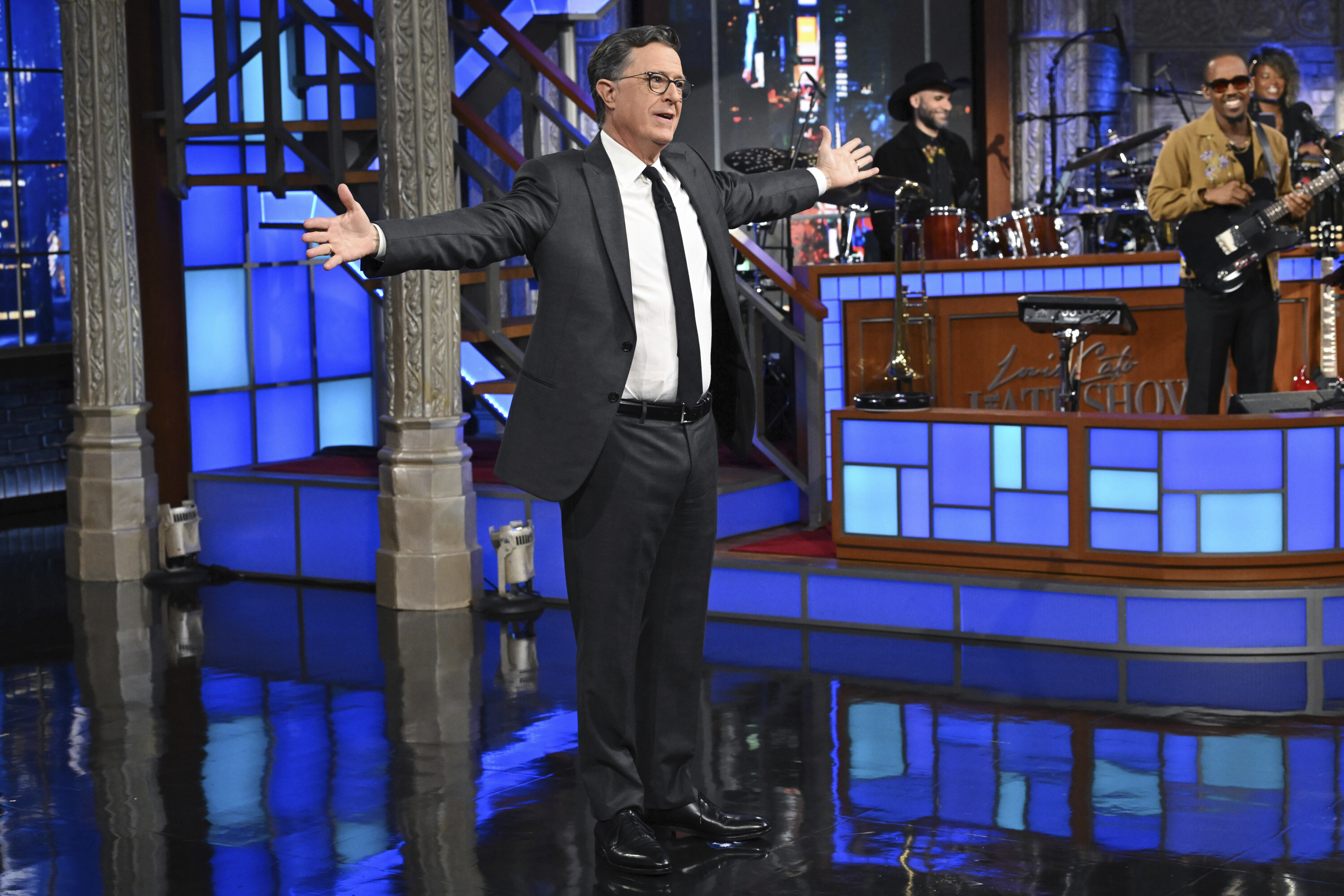 This image released by CBS shows Stephen Colbert during a taping of "The Late Show with Stephen Colbert" on Monday, July 21, 2025, in New York. (Scott Kowalchyk/CBS via AP)
