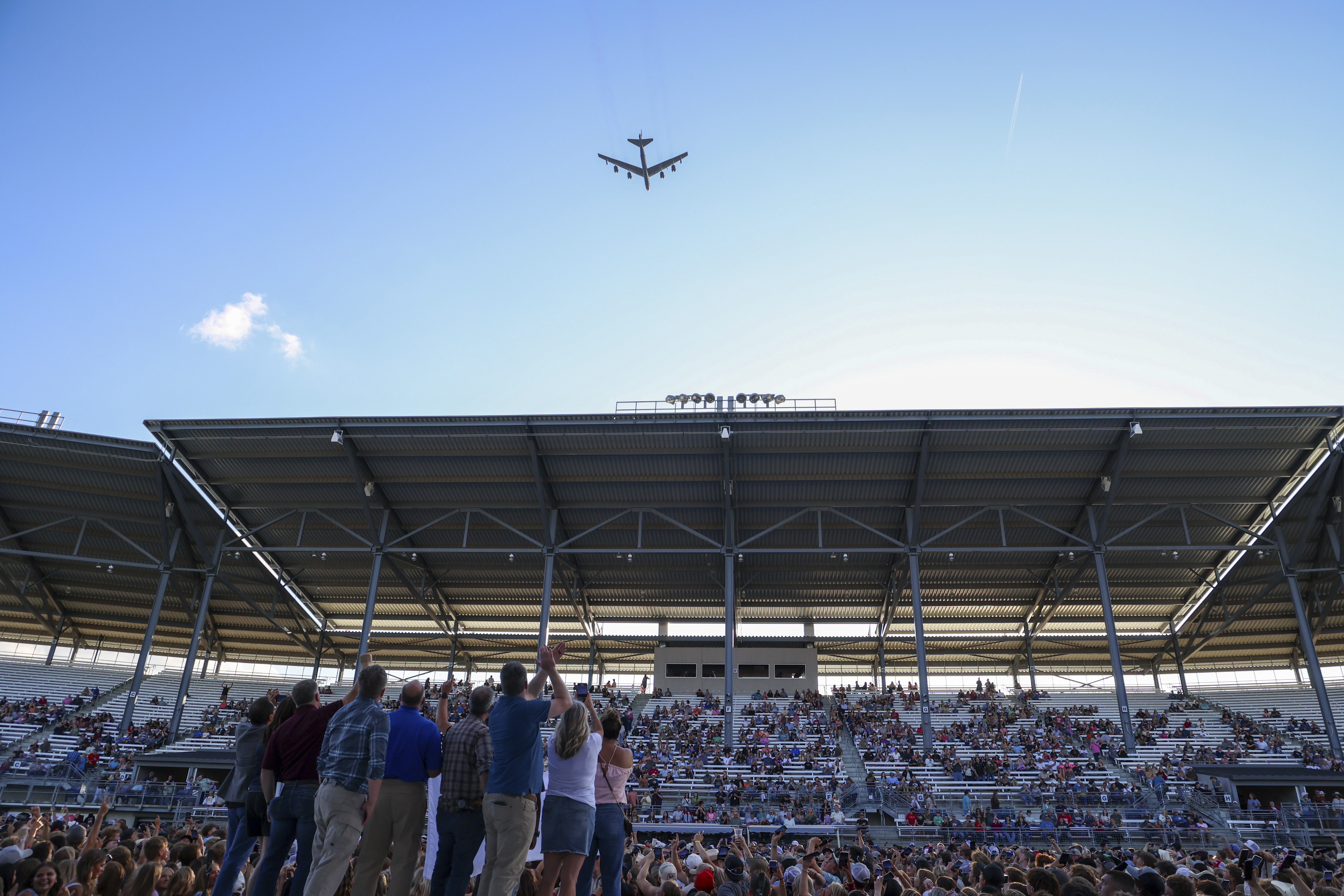 This photo from the North Dakota Governor's Office shows a B-52 bomber from Minot Air Force Base in a flyover at the North Dakota State Fair on Friday, July 18, 2025, in Minot, N.D.. (North Dakota Governor's Office via AP)
