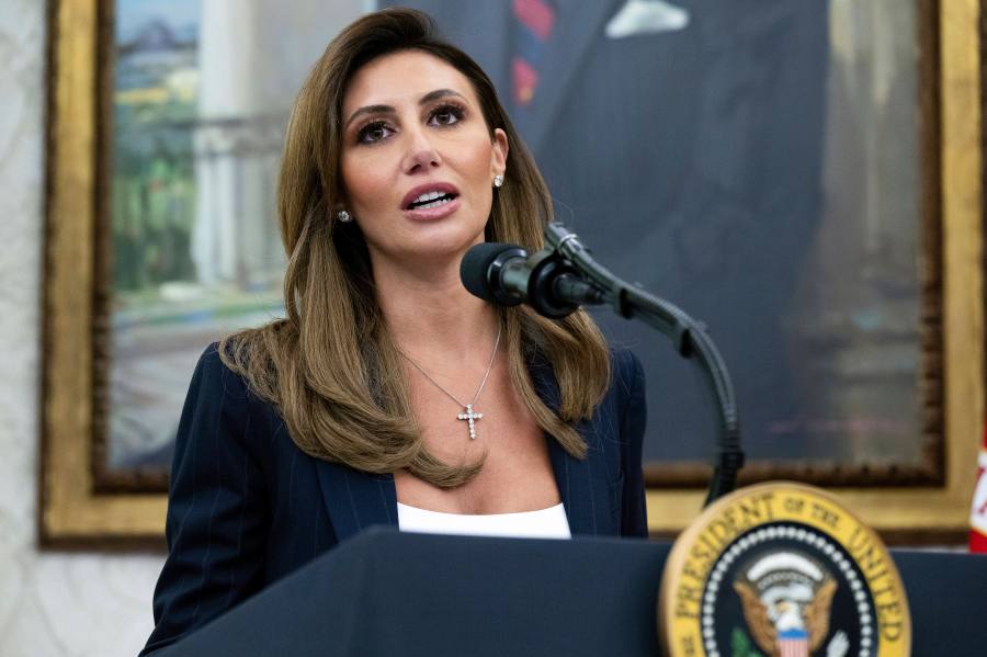 FILE - Alina Habba speaks after being sworn in as interim US Attorney General for New Jersey, in the Oval Office of the White House in Washington, on March 28, 2025. (Pool File via AP)