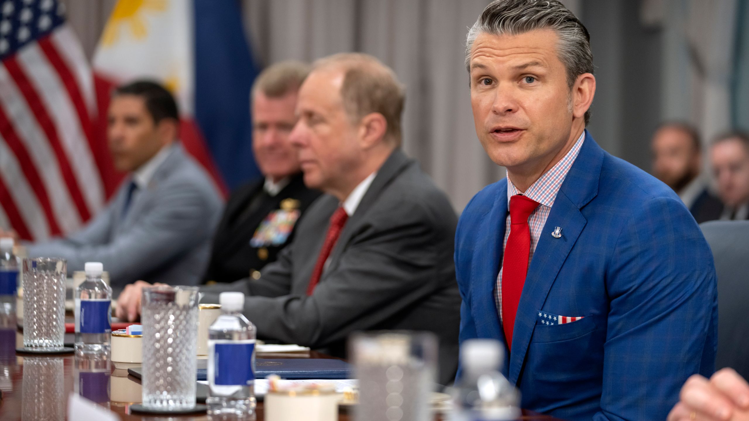 Secretary of Defense Pete Hegseth attends a meeting with Philippine President Ferdinand Marcos Jr. at the Pentagon, Monday, July 21, 2025, in Washington. (AP Photo/Mark Schiefelbein)