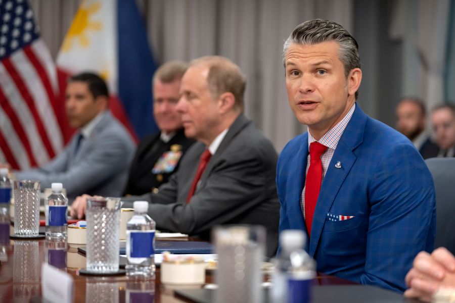 Secretary of Defense Pete Hegseth attends a meeting with Philippine President Ferdinand Marcos Jr. at the Pentagon, Monday, July 21, 2025, in Washington. (AP Photo/Mark Schiefelbein)