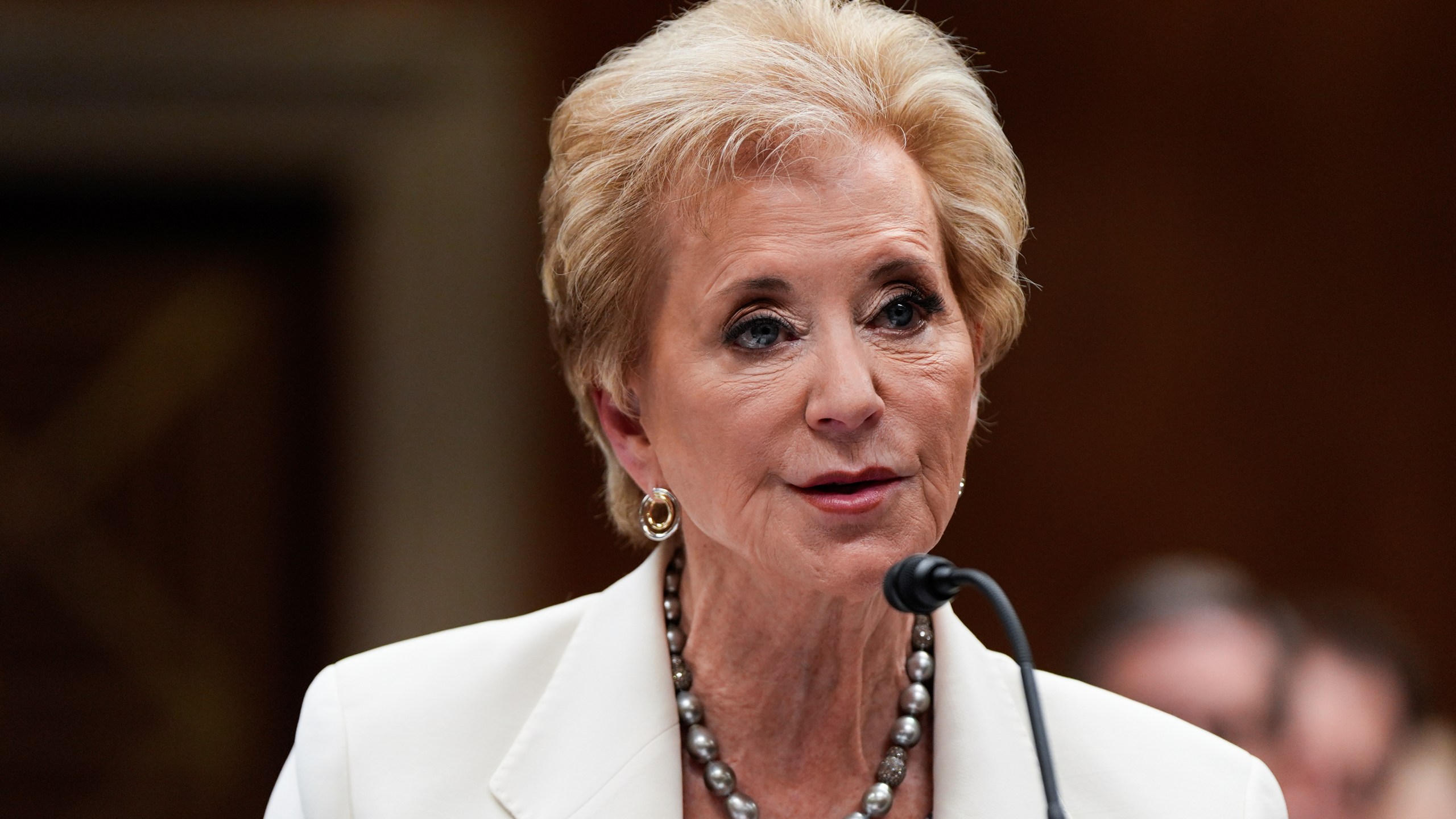 FILE - Education Secretary Linda McMahon speaks during a Senate Appropriations hearing, Tuesday, June 3, 2025, on Capitol Hill in Washington. (AP Photo/Julia Demaree Nikhinson, File)