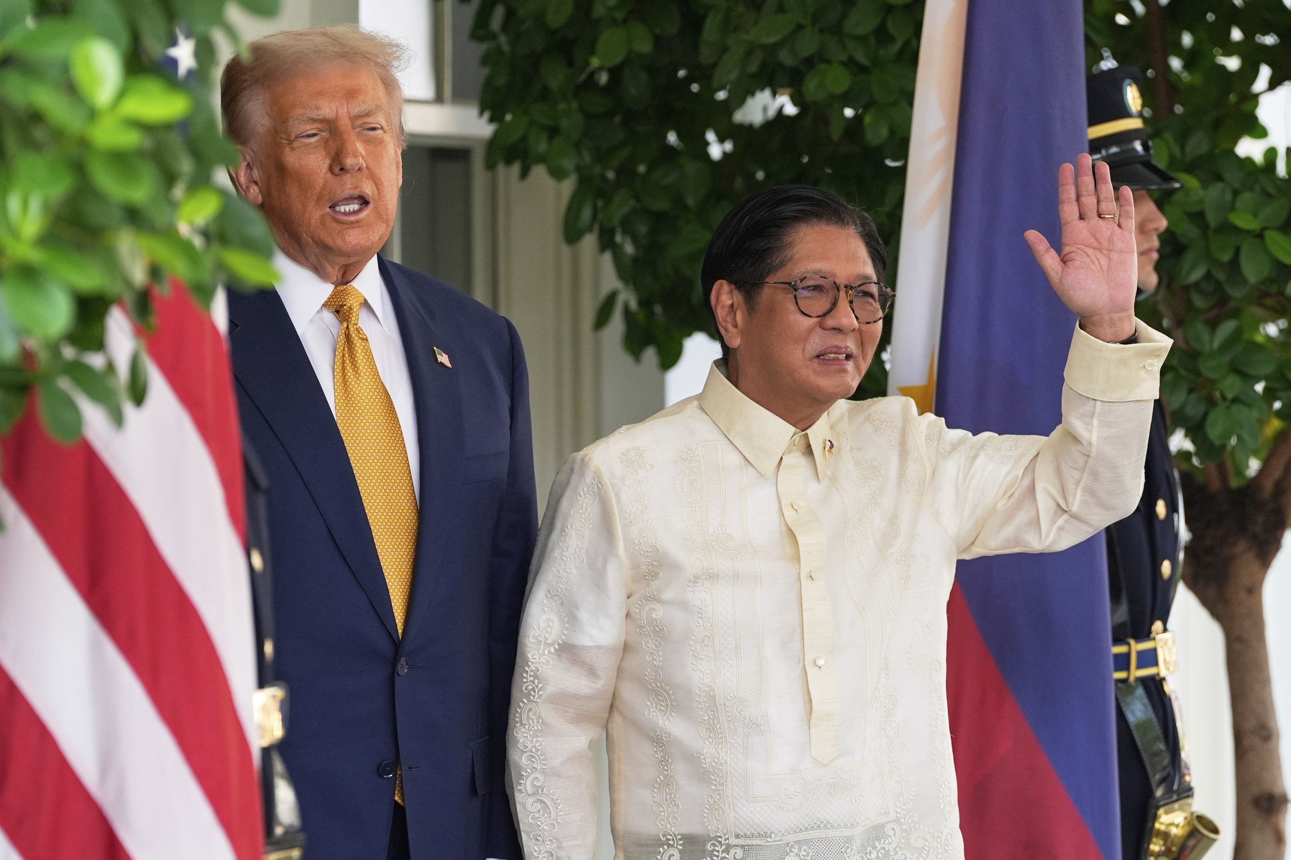 President Donald Trump greets Philippine President Ferdinand Marcos Jr., upon arrival at the White House, Tuesday, July 22, 2025, in Washington. (AP Photo/Alex Brandon)