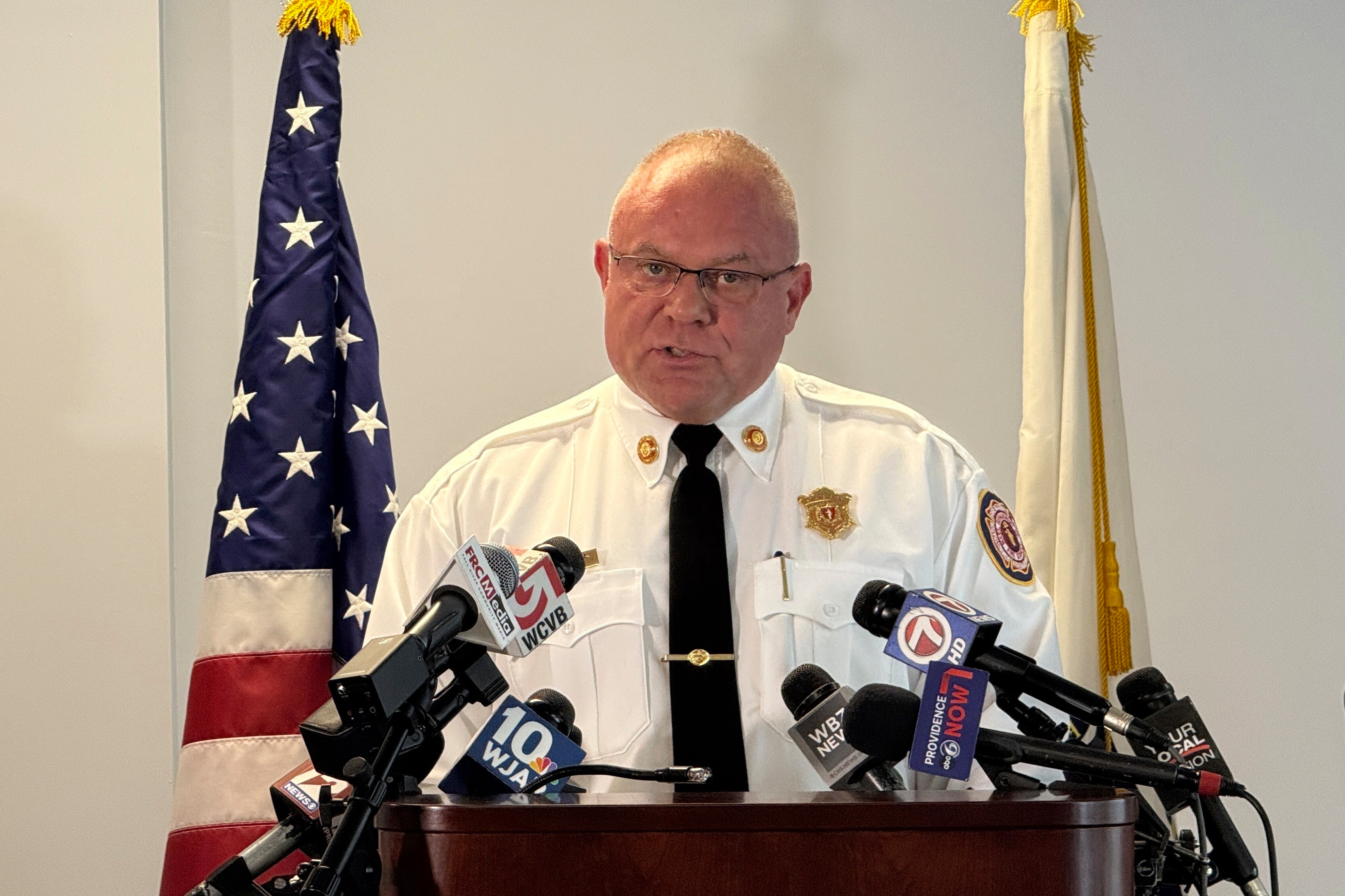 State Fire Marshal Jon Davine speaks at a news conference on Tuesday, July 22, 2025, in Fall River, Mass., about a deadly fire at the Gabriel House assisted-living facility. (AP Photo/Rodrique Ngowi)