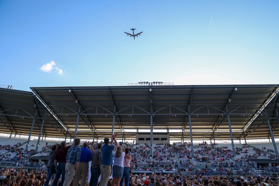 This photo from the North Dakota Governor's Office shows a B-52 bomber from Minot Air Force Base in a flyover at the North Dakota State Fair on Friday, July 18, 2025, in Minot, N.D.. (North Dakota Governor's Office via AP)