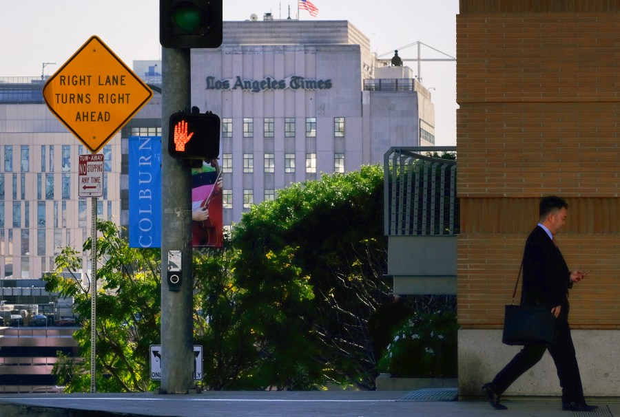 FILE - The Los Angeles Times building is seen in downtown Los Angeles on Feb. 7, 2018. (AP Photo/Richard Vogel, file)
