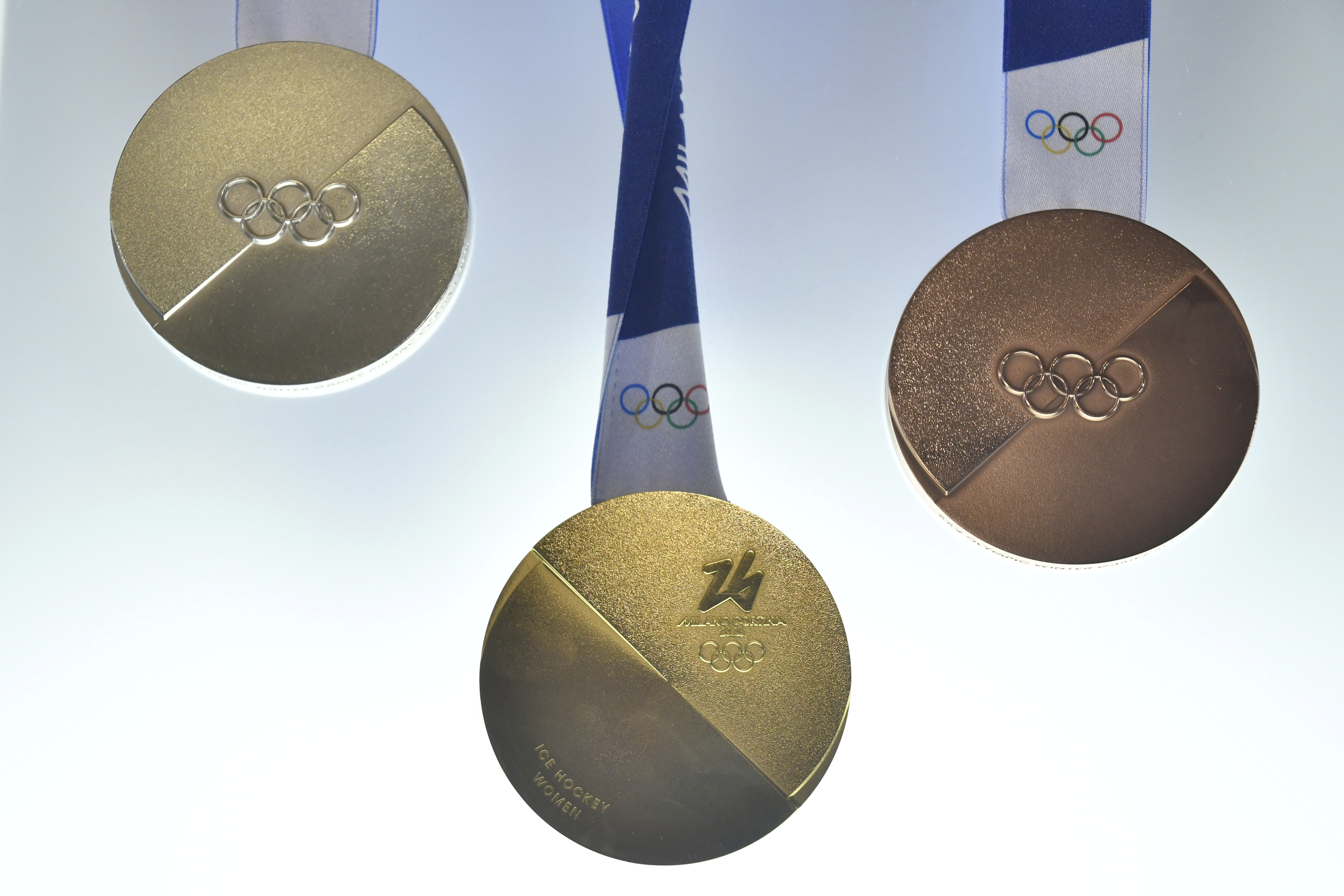 Milano Cortina 2026 Winter Olympics medals are displayed during the unveiling ceremony in Venice, Italy, Tuesday, July 15, 2025. (AP Photo/Luigi Costantini)