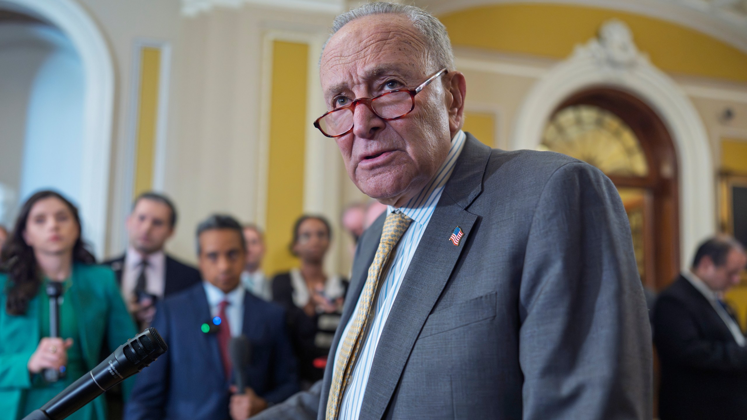 Senate Minority Leader Chuck Schumer, D-N.Y., speaks with reporters as the Senate holds its first procedural vote on Emil Bove's nomination for the 3rd Circuit Court of Appeals, at the Capitol in Washington, Tuesday, July 22, 2025. (AP Photo/J. Scott Applewhite)