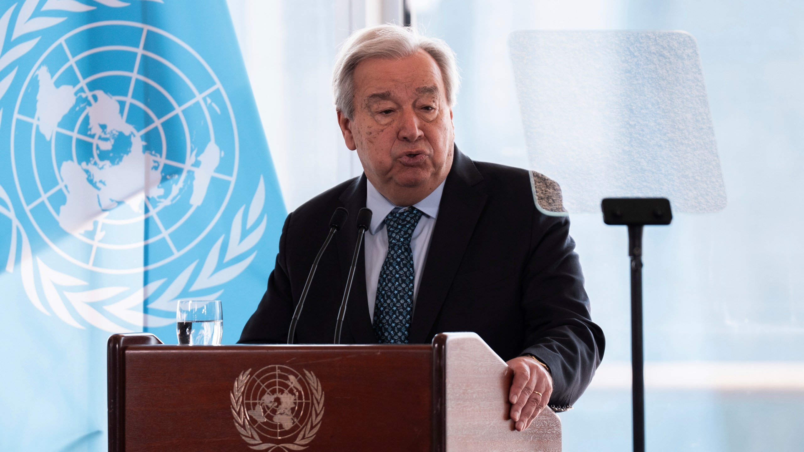 United Nations Secretary-General Antonio Guterres delivers a speech on climate action "A Moment of Opportunity: Supercharging the New Energy Era" at the United Nations headquarters on Tuesday, July 22, 2025, in New York. (AP Photo/Adam Gray)