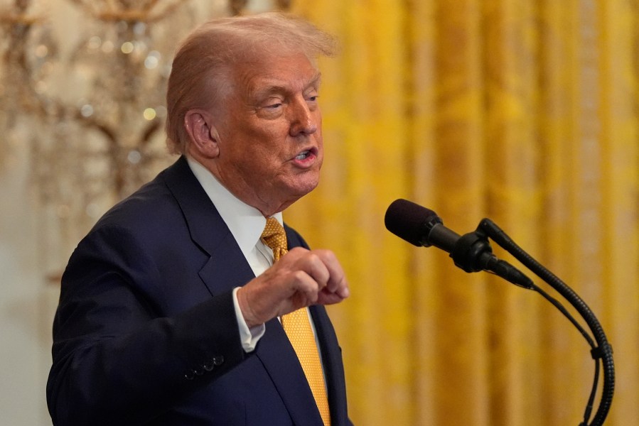 President Donald Trump speaks during a reception for Republican members of Congress in the East Room of the White House, Tuesday, July 22, 2025, in Washington. (AP Photo/Julia Demaree Nikhinson)