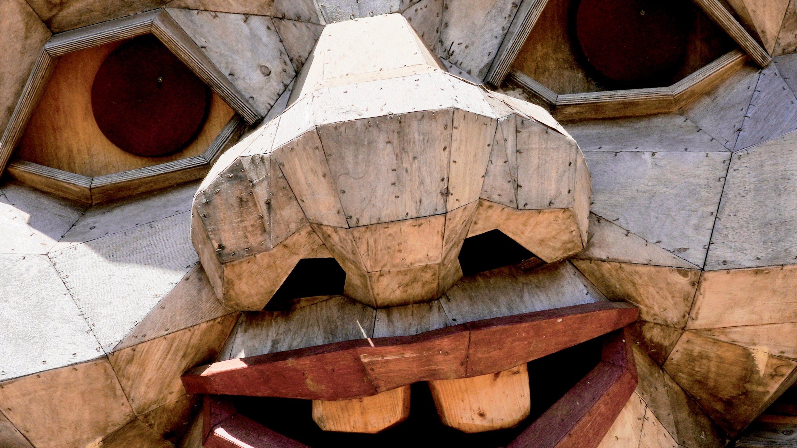 The face of a giant troll sculpture created by the Danish recycle artist Thomas Dambo and his team that's part of an installation of six sculptures called "Trolls Save the Humans" is seen on display at the historic estate Filoli, Saturday, July 5, 2025, in Woodside, Calif. (AP Photo/Terry Chea)